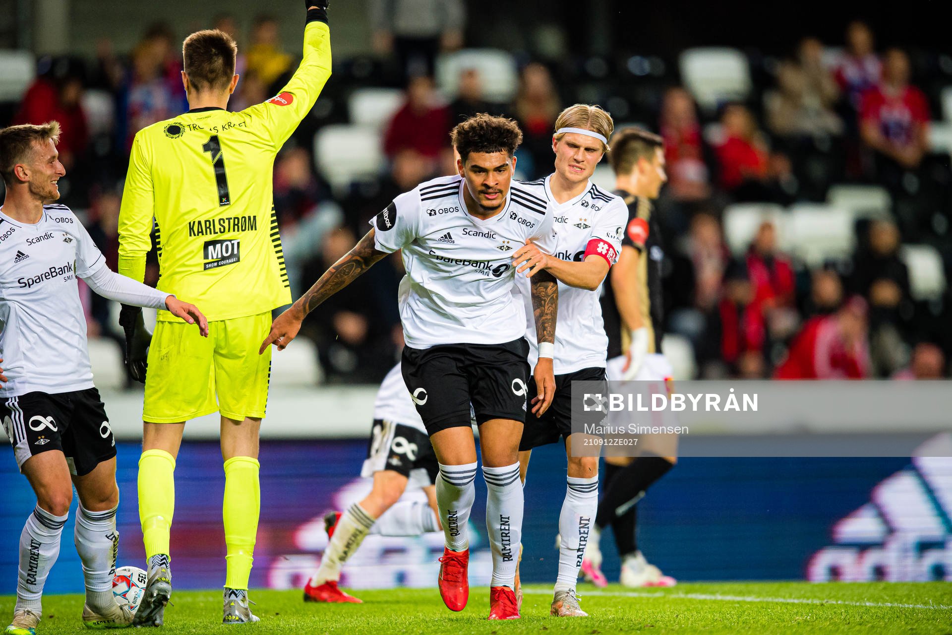 Noah Jean Holm of Rosenborg celebrates after scoring the 1-0 goal during the Eliteserien match between Rosenborg and Tromsø on September 12, 2021 in Trondheim.