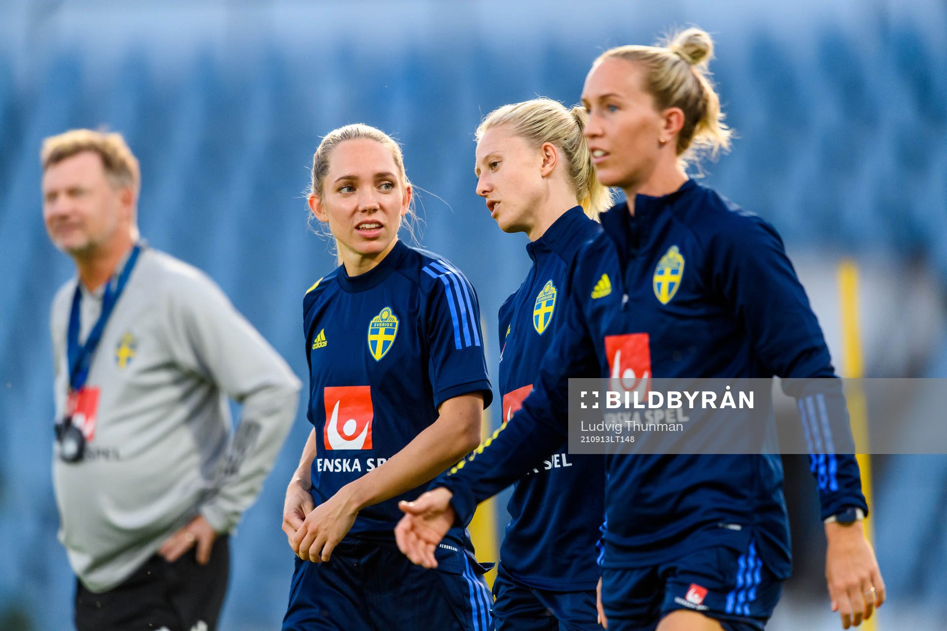 Peter Gerhardsson, head coach, Elin Rubensson, Rebecka Blomqvist and Julia Roddar of the Swedish women's national football team during a training session on September 13, 2021 in Bratislava.