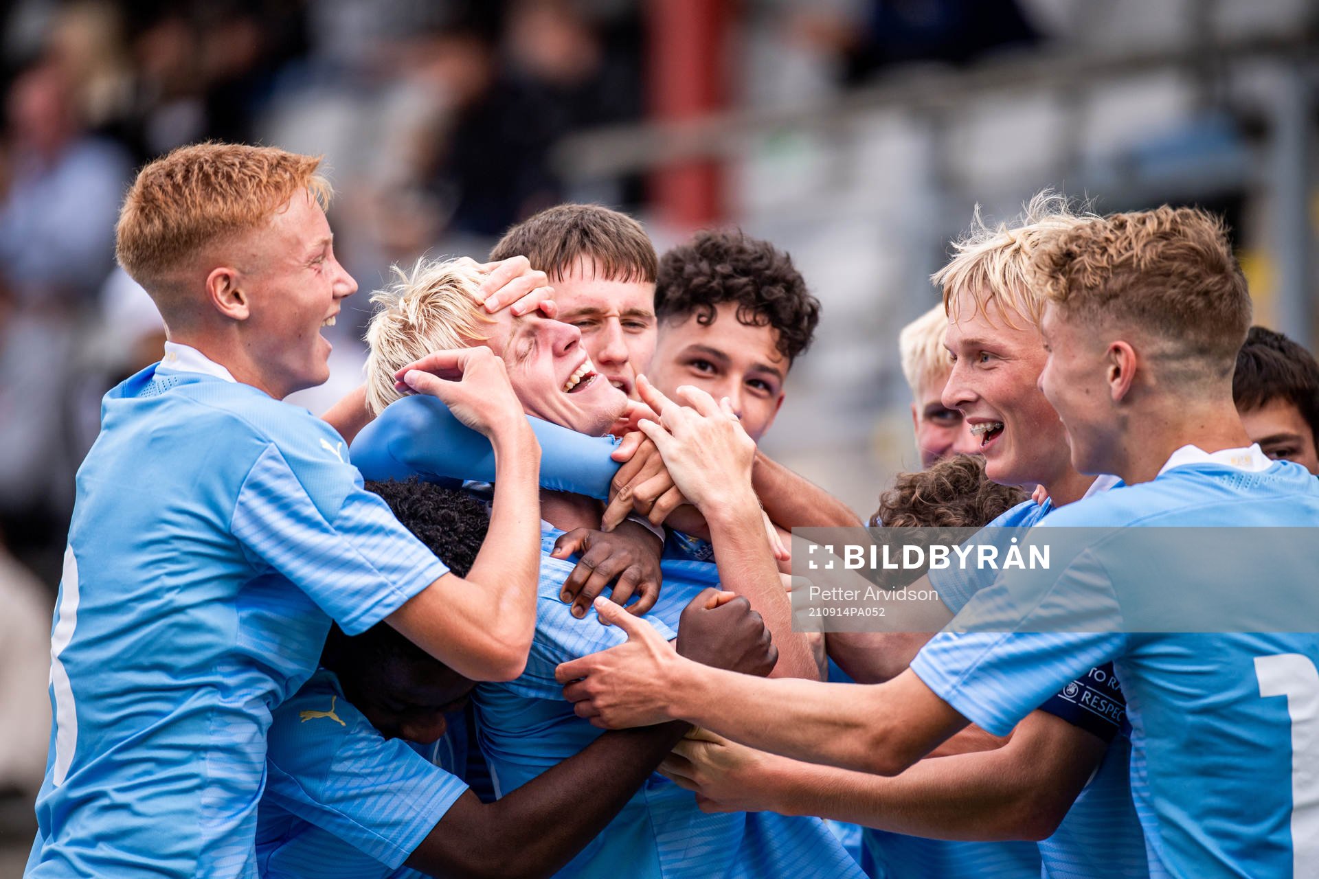 Emil Lindman of Malmö FF celebrate with teammates after the 2-2 goal during the UEFA Youth League match between Malmö FF and Juventus on September 14, 2021 in Malmö.