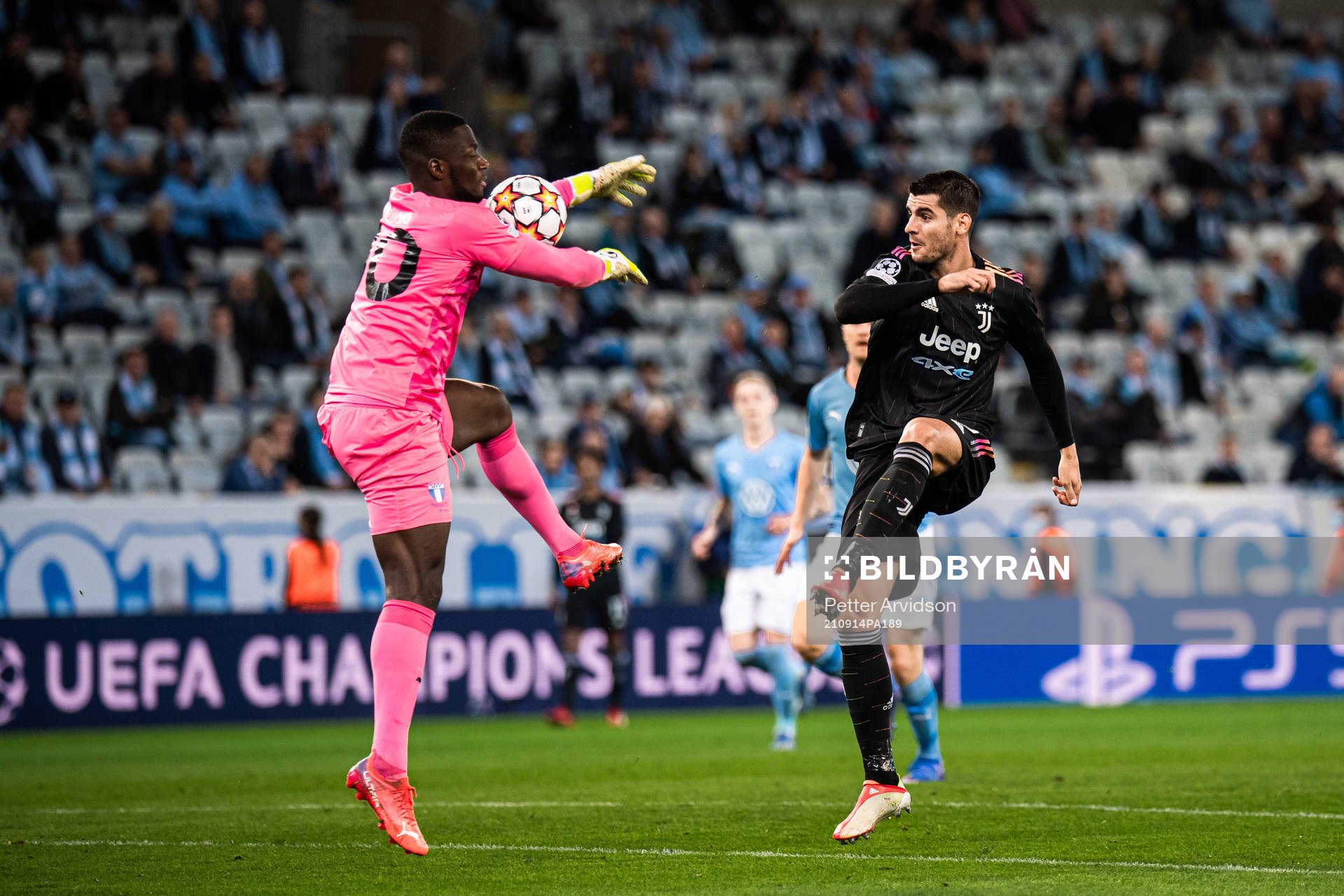 Goalkeeper Ismael Diawara of Malmö FF and Alvaro Morata of