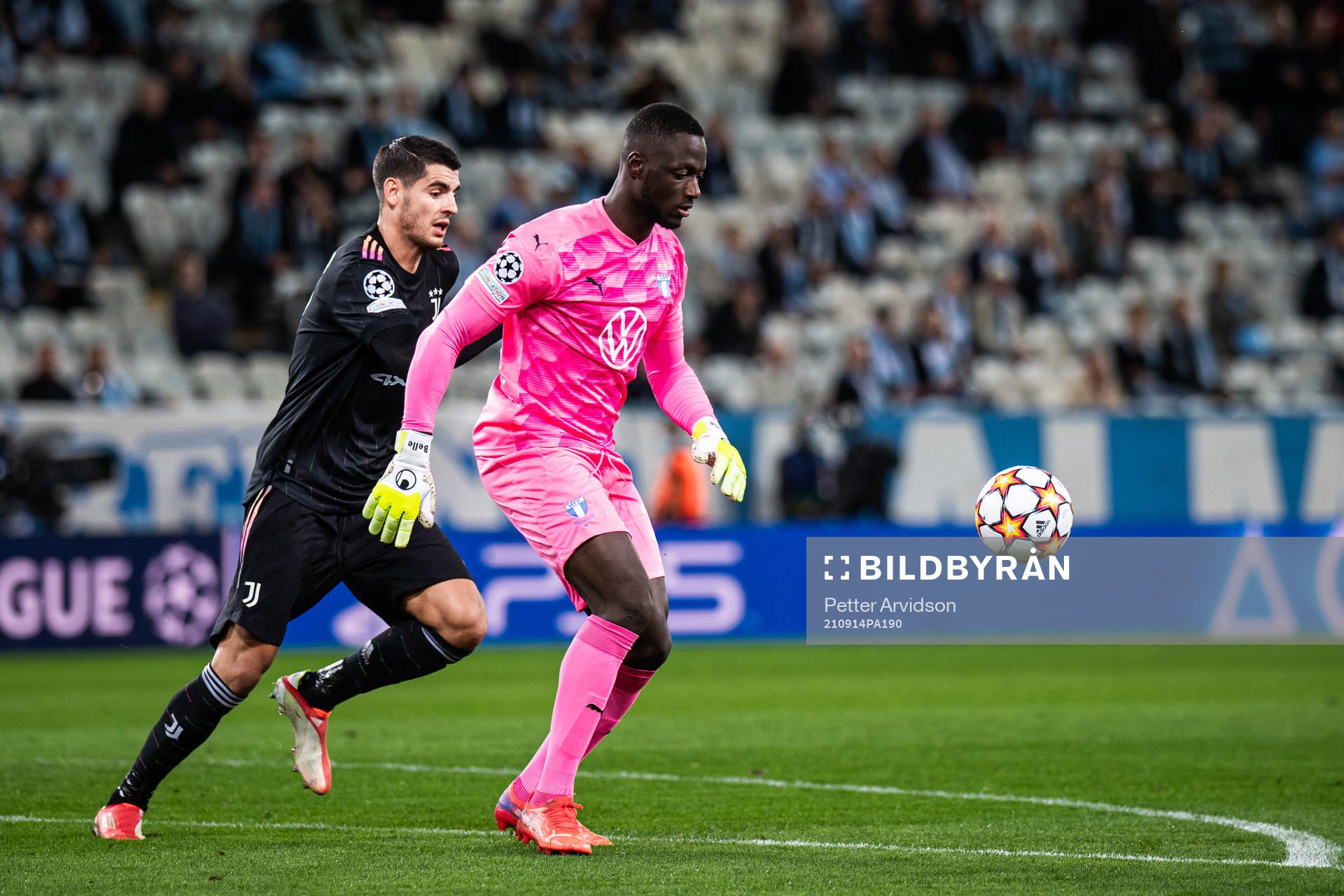 Goalkeeper Ismael Diawara of Malmö FF and Alvaro Morata of