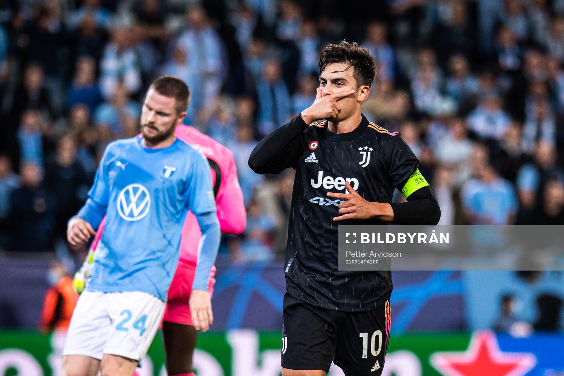 Paulo Dybala of Juventus celebrates the 0-2 goal during the UEFA Champions League football match between Malmö FF and Juventus on September 14, 2021 in Malmö.