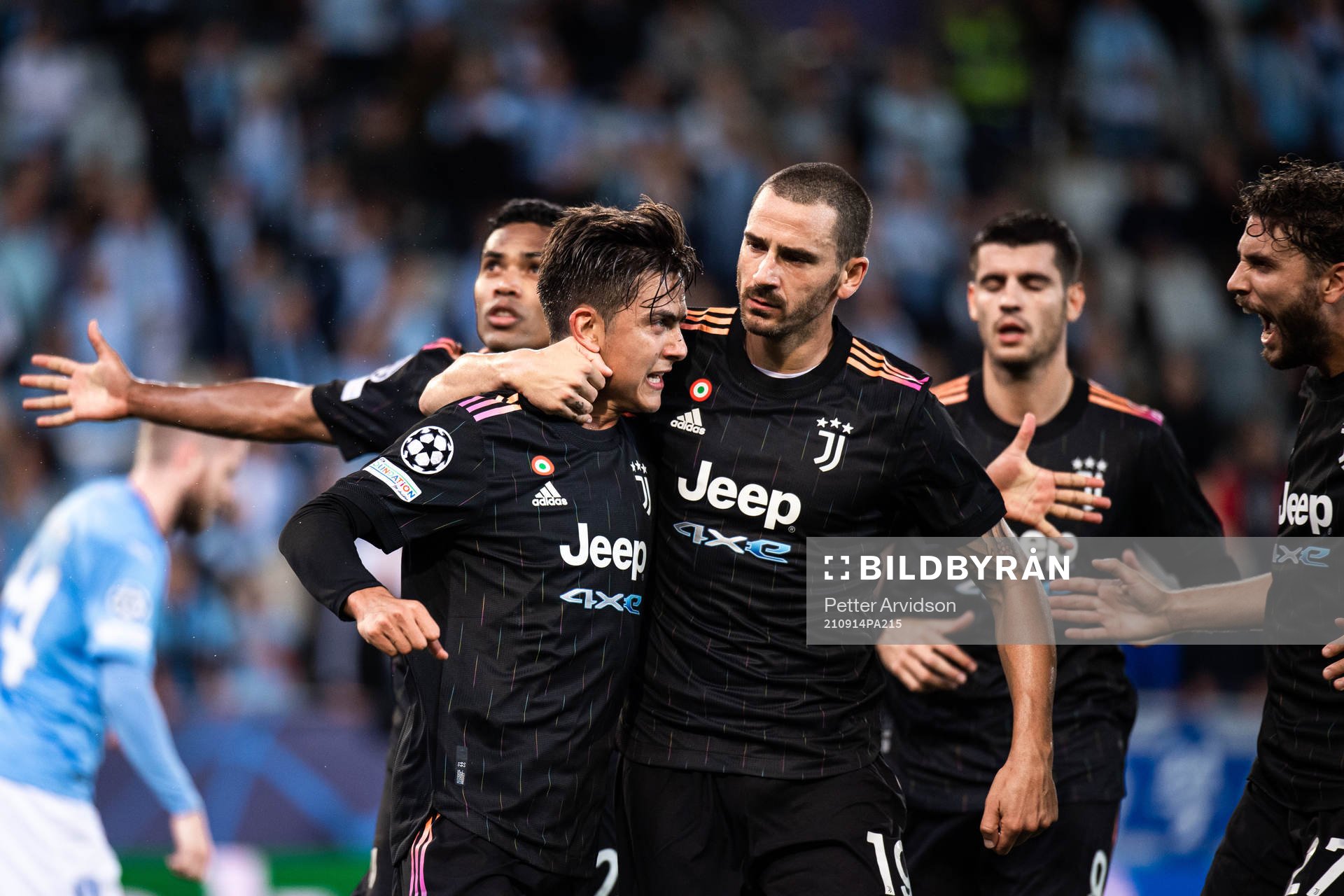Paulo Dybala of Juventus celebrate with teammates after the 0-2 goal during the UEFA Champions League football match between Malmö FF and Juventus on September 14, 2021 in Malmö.