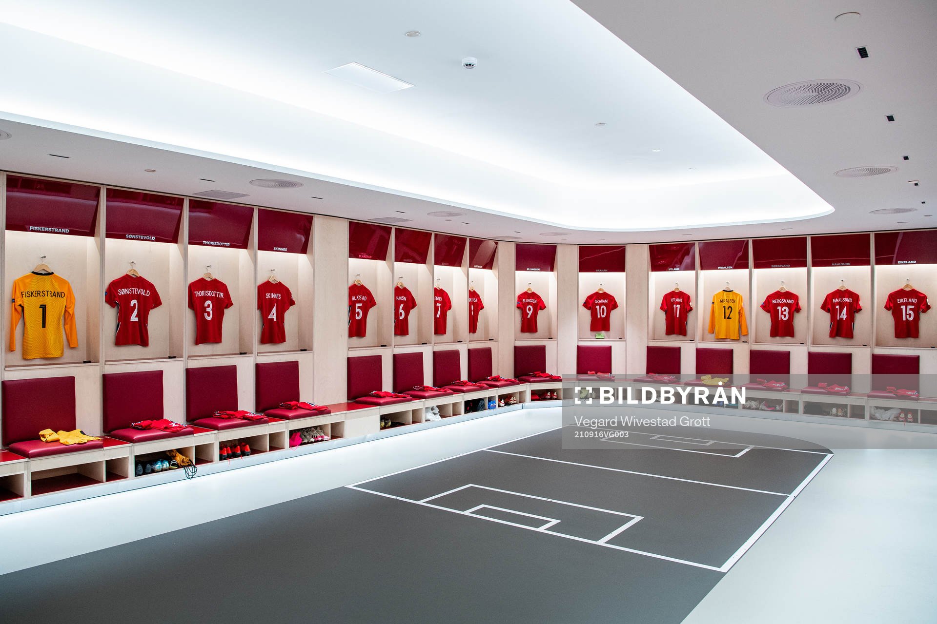 The kits of goalkeeper Cecilie Fiskerstrand, Anja Sønstevold, Maria Thorisdottir, Synne Skinnes Hansen, Julie Blakstad, Tuva Hansen, Ingrid Syrstad Engen, Vilde Bøe Risa, Heidi Ellingsen, Caroline Graham Hansen, Lisa-Marie Karlseng Utland, goalkeeper Aurora Mikalsen, Guro Bergsvand, Lisa Fjeldstad Naalsund and Amalie Vevle Eikeland of Norway in the dressing room ahead of the FIFA Women's World Cup Qualifier football match between Norway and Armenia on September 16, 2021 in Oslo.