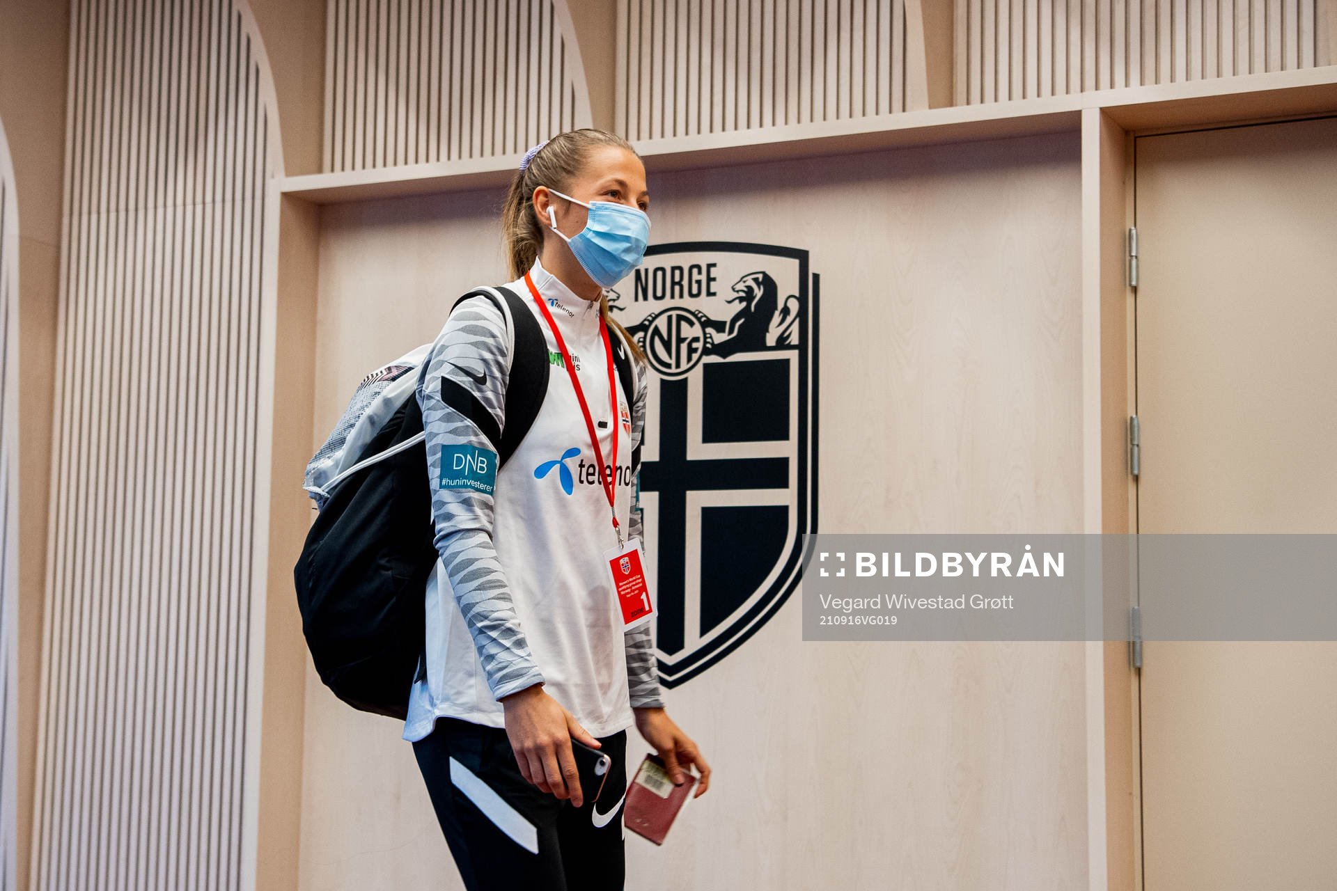 Goalkeeper Cecilie Fiskerstrand of Norway arrives wearing a