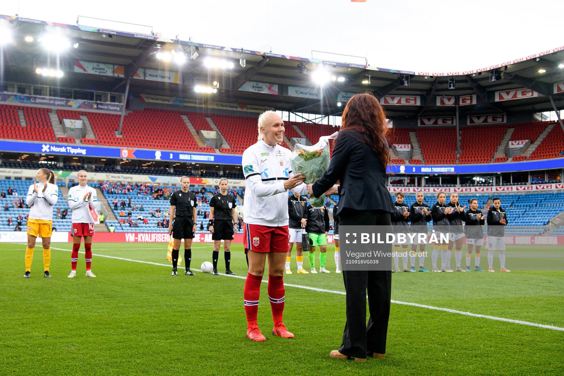 Maria Thorisdottir of Norway receives flowers from Lise