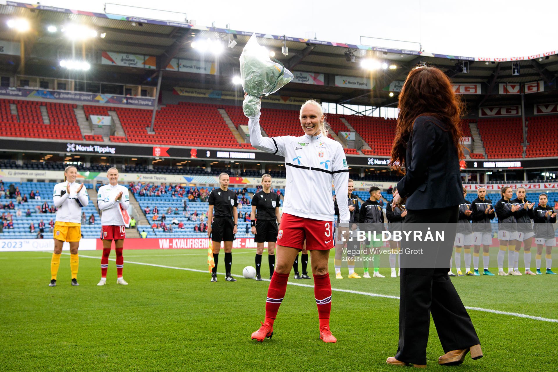 Maria Thorisdottir of Norway receives flowers from Lise