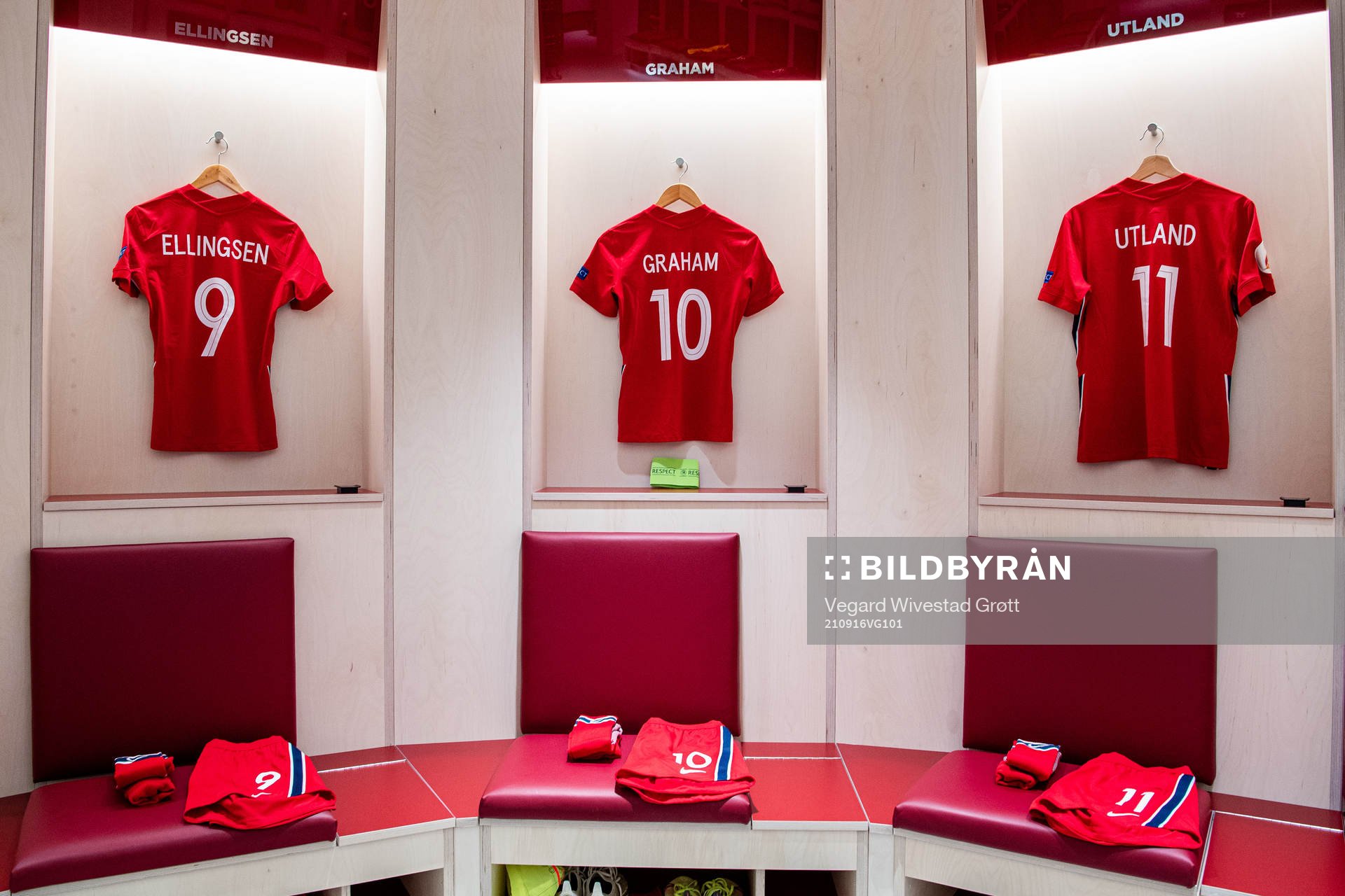 The kits of Heidi Ellingsen, Caroline Graham Hansen and Lisa-Marie Karlseng Utland of Norway in the dressing room ahead of the FIFA Women's World Cup Qualifier football match between Norway and Armenia on September 16, 2021 in Oslo.