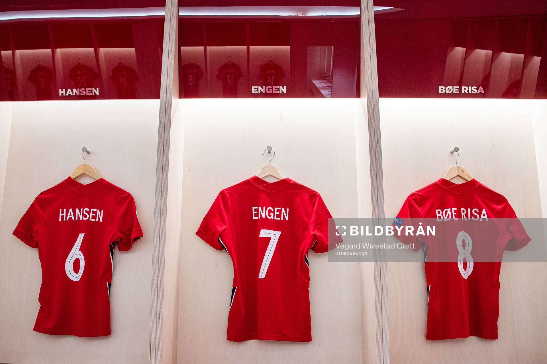 The kits of Tuva Hansen, Ingrid Syrstad Engen and Vilde Bøe Risa of Norway in the dressing room ahead of the FIFA Women's World Cup Qualifier football match between Norway and Armenia on September 16, 2021 in Oslo.