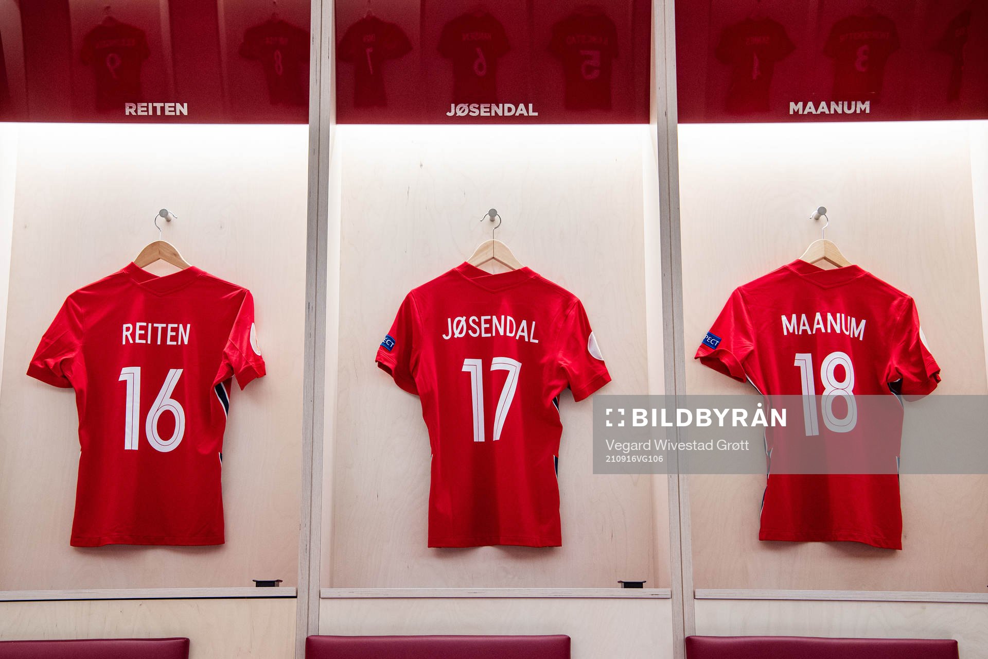 The kits of Guro Reiten, Anna Jøsendal and Frida Maanum of Norway in the dressing room ahead of the FIFA Women's World Cup Qualifier football match between Norway and Armenia on September 16, 2021 in Oslo.