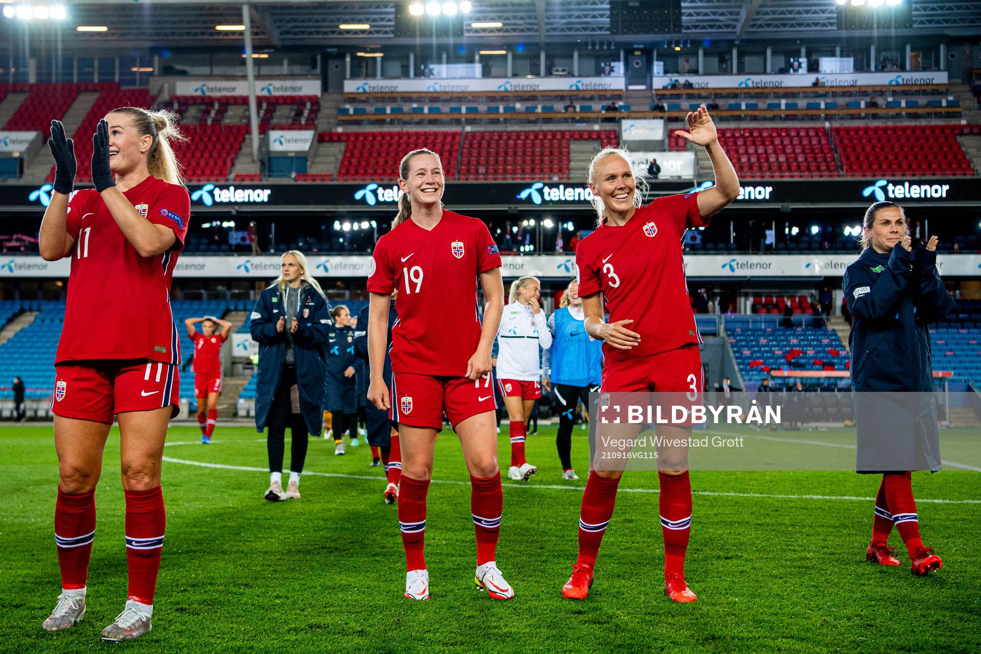 Elisabeth Terland and Maria Thorisdottir of Norway celebrate after the FIFA Women's World Cup Qualifier football match between Norway and Armenia on September 16, 2021 in Oslo.