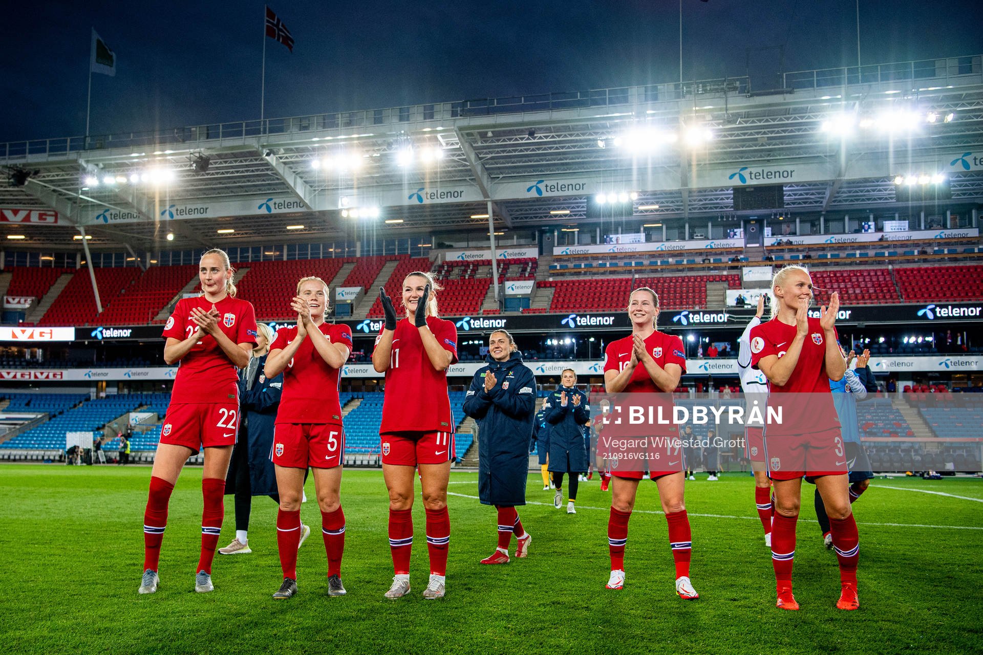 Emilie Bragstad, Julie Blakstad, Lisa-Marie Karlseng Utland, Elisabeth Terland and Maria Thorisdottir of Norway celebrate after the FIFA Women's World Cup Qualifier football match between Norway and Armenia on September 16, 2021 in Oslo.