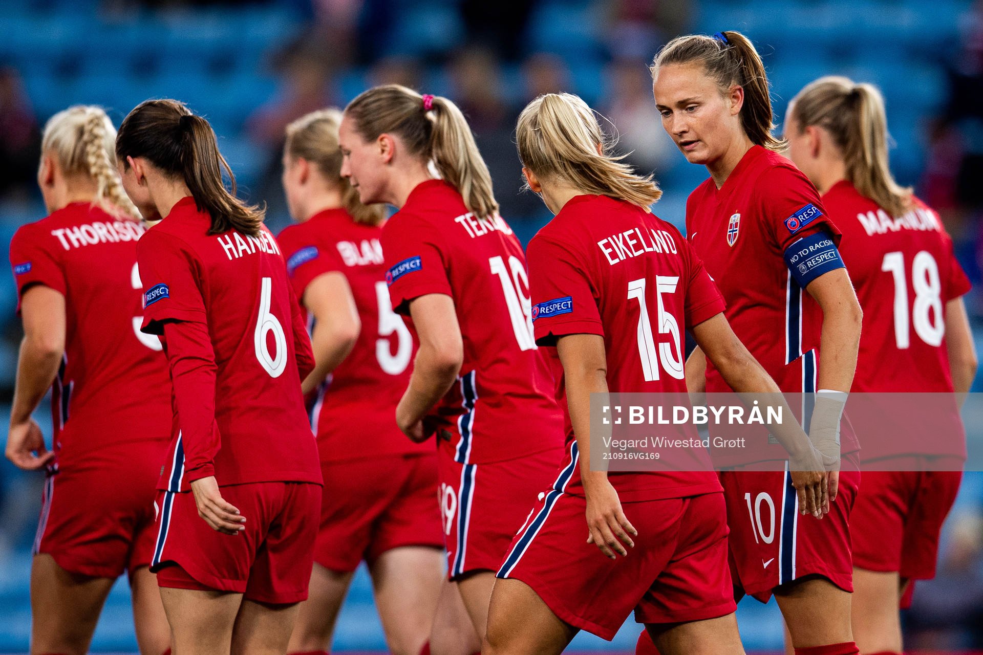 Caroline Graham Hansen of Norway celebrates with teammate Amalie Vevle Eikeland after scoring 6-0 during the FIFA Women's World Cup Qualifier football match between Norway and Armenia on September 16, 2021 in Oslo. 