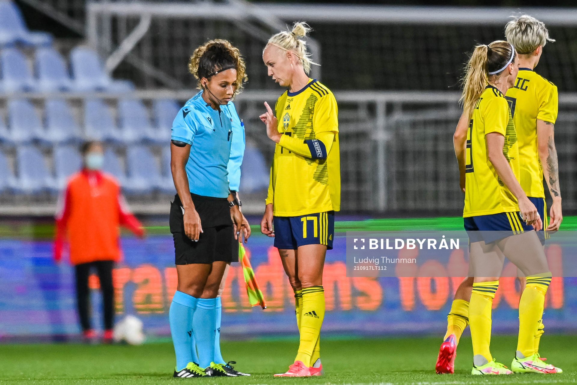 Referee Shona Shukrula in discussion with s17<of Sweden after the FIFA Women's World Cup Qualifying football match between Slovakia and Sweden on September 17, 2021 in Senec. 