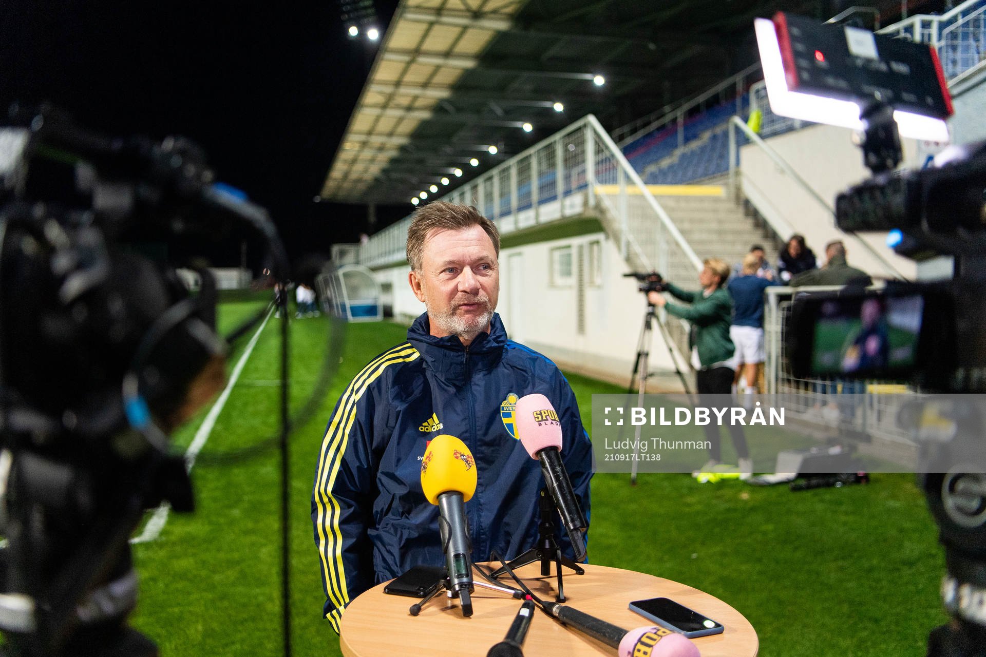 Peter Gerhardsson, head coach of Sweden, is interviewed after the FIFA Women's World Cup Qualifying football match between Slovakia and Sweden on September 17, 2021 in Senec.