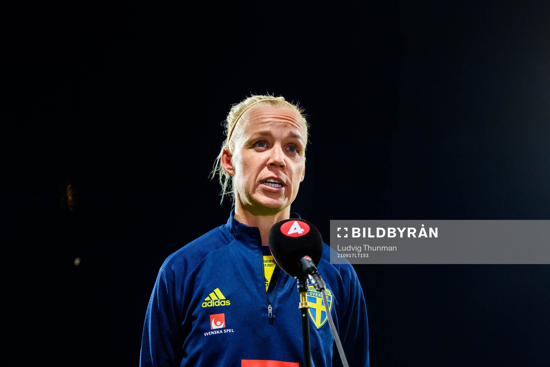 Caroline Seger of Sweden is interviewed by the media after the FIFA Women's World Cup Qualifying football match between Slovakia and Sweden on September 17, 2021 in Senec.