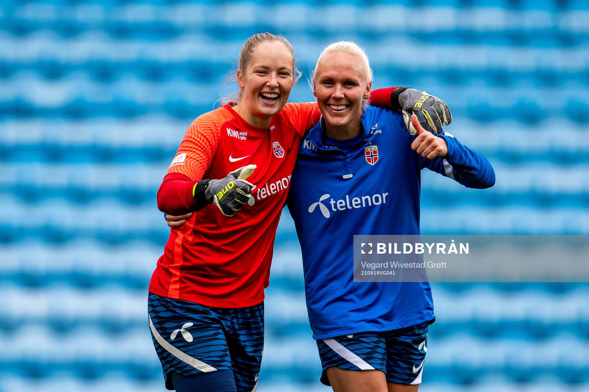 Goalkeeper Aurora Mikalsen and Maria Thorisdottir of the
