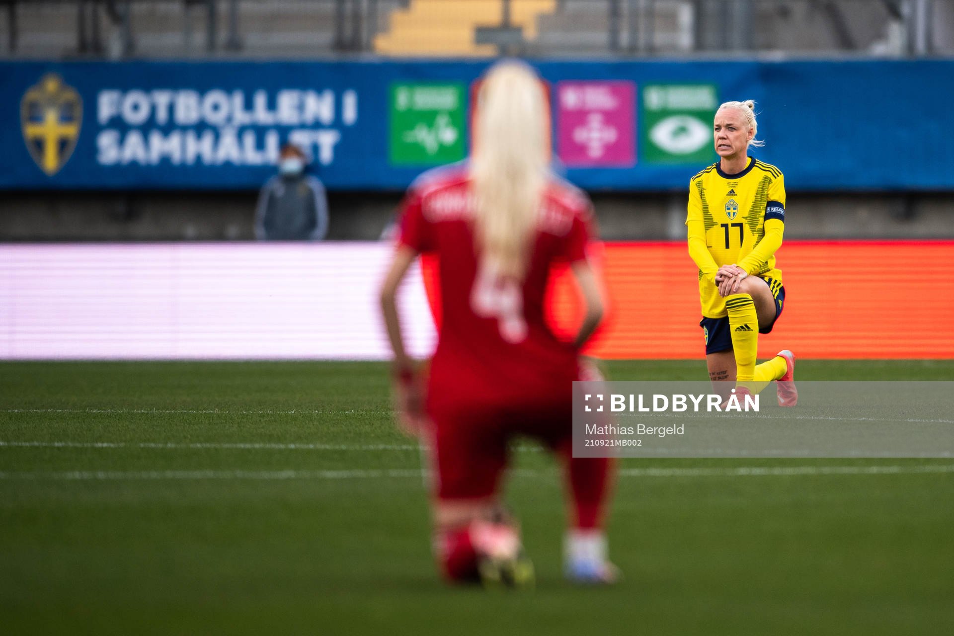Caroline Seger of Sweden kneel