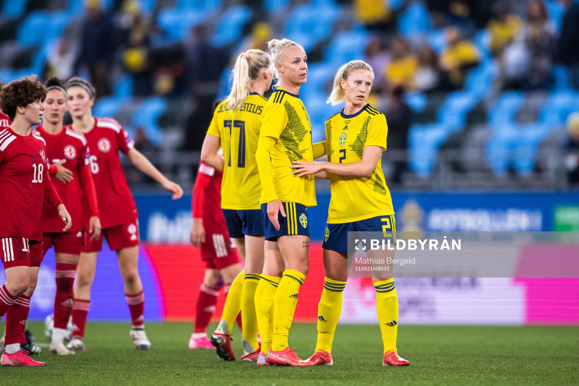 Caroline Seger and Rebecka Blomqvist of Sweden celebrate after the FIFA Women's World Cup Qualifier football match between Sweden and Georgia on September 21, 2021 in Göteborg.