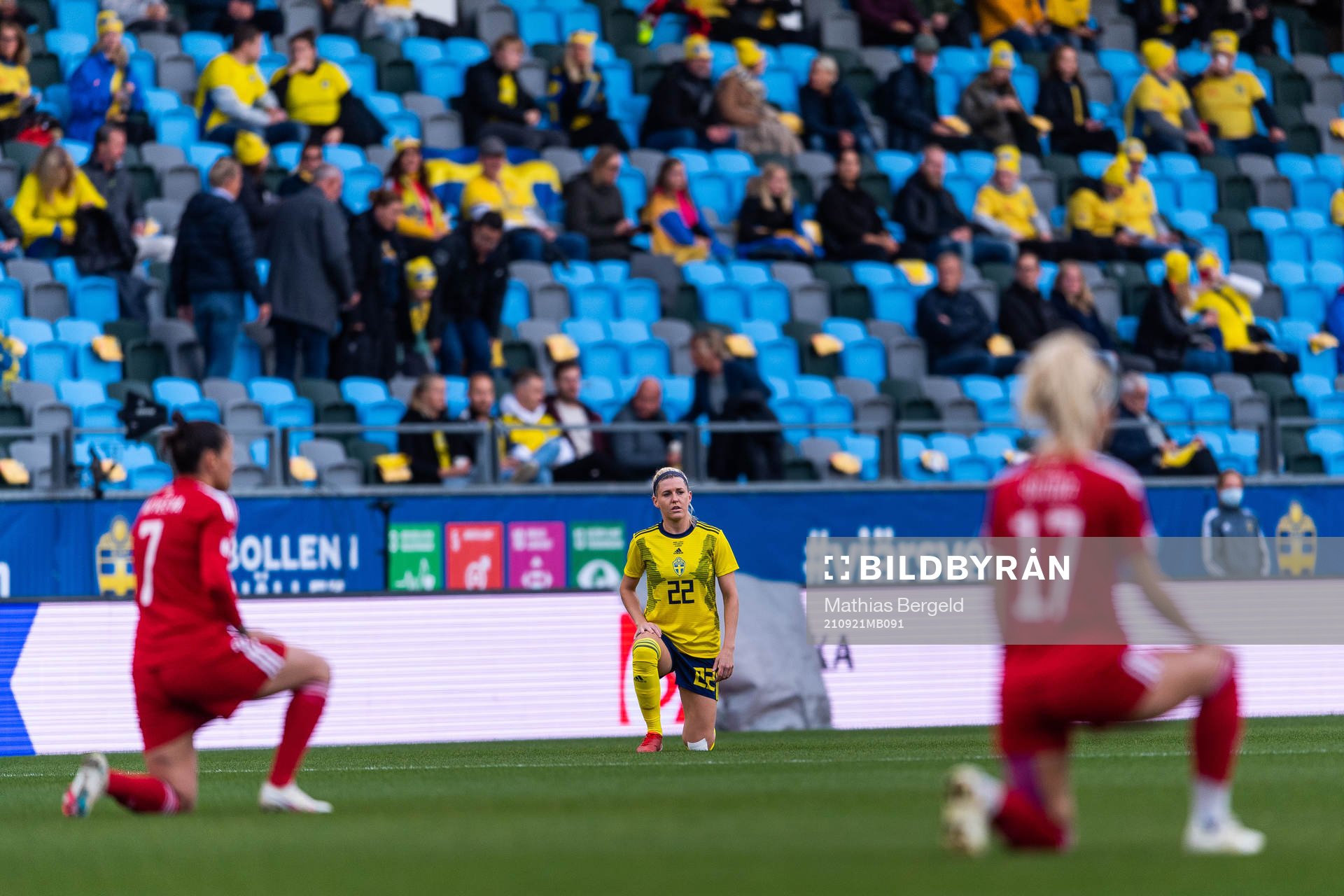 Olivia Schough of Sweden takes a knee in support of the