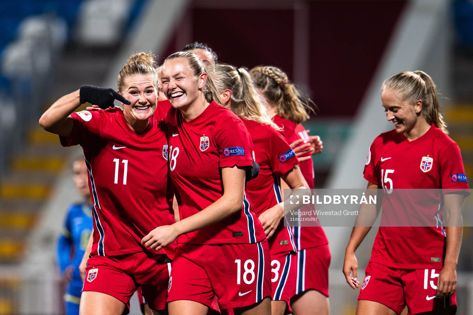 Lisa-Marie Karlseng Utland and Frida Maanum of Norway celebrate after the 3-0 goal during the FIFA Women's World Cup Qualifier football match between Kosovo and Norway on September 21, 2021 in Pristina. 