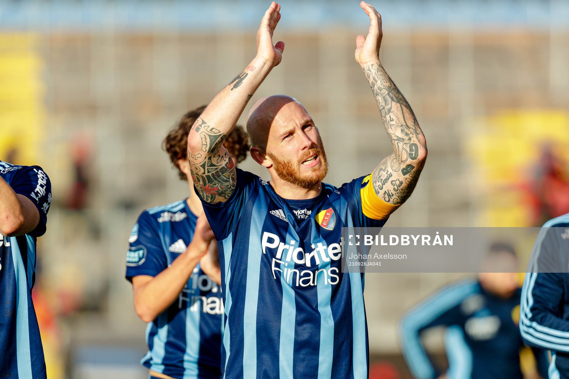 Djurgårdens Magnus Eriksson jublar efter fotbollsmatchen i Allsvenskan mellan Östersund och Djurgården den 26 september 2021 i Östersund.
