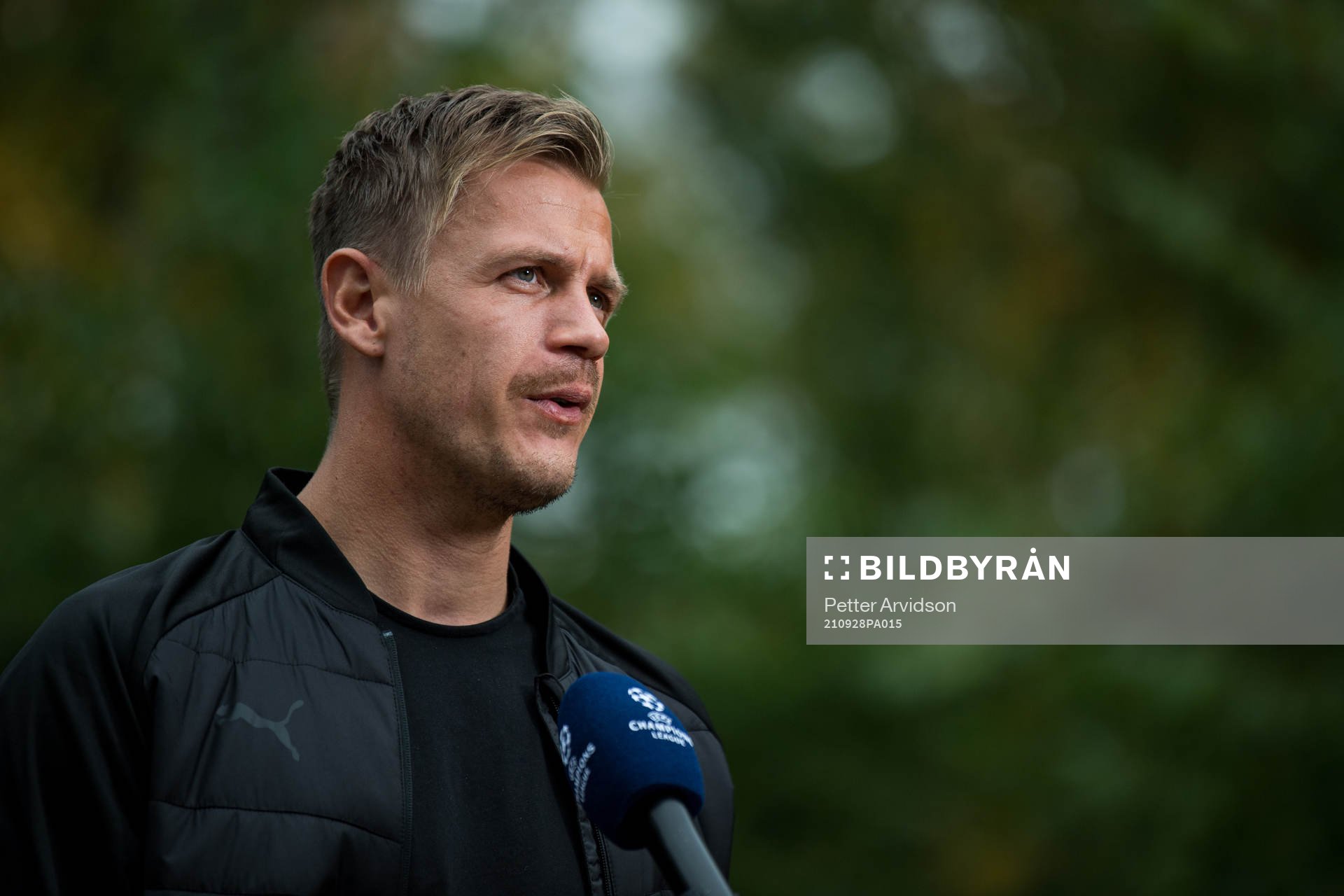 Goalkeeper Johan Dahlin of Malmö FF is interviewed at the