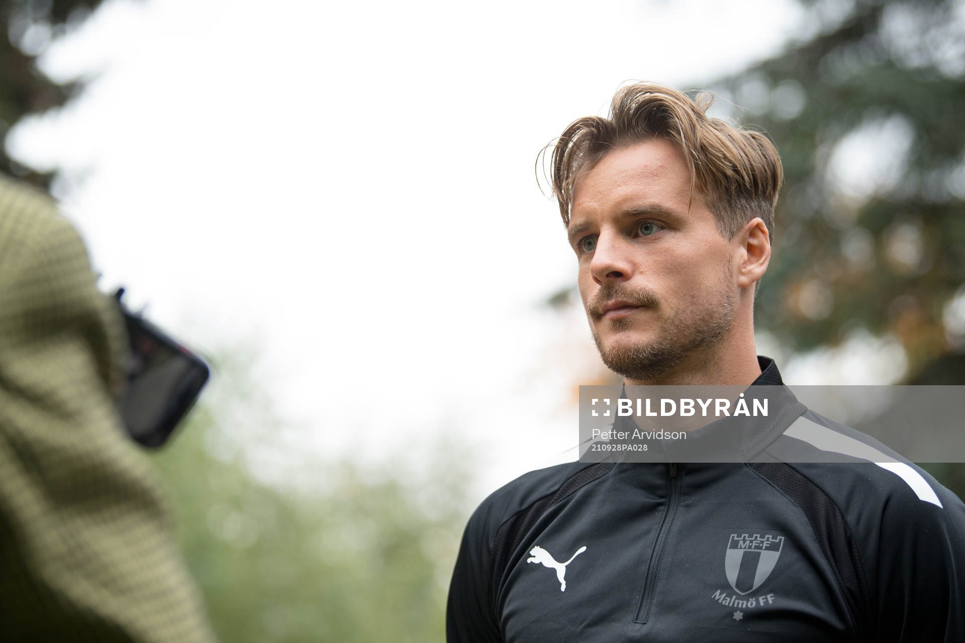 Eric Larsson of Malmö FF is interviewed at the team hotel