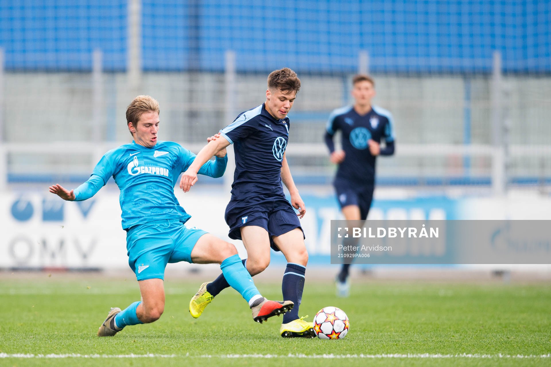 Savva Kotov of Zenit and August Karlin of Malmö FF during the UEFA Youth League match between Zenit St Petersburg and Malmö FF on September 29, 2021 in Saint Petersburg.