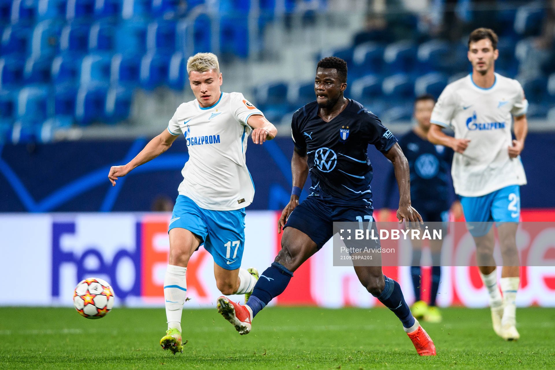 Andrey Mostovoy of Zenit against Malik Abubakari of Malmö
