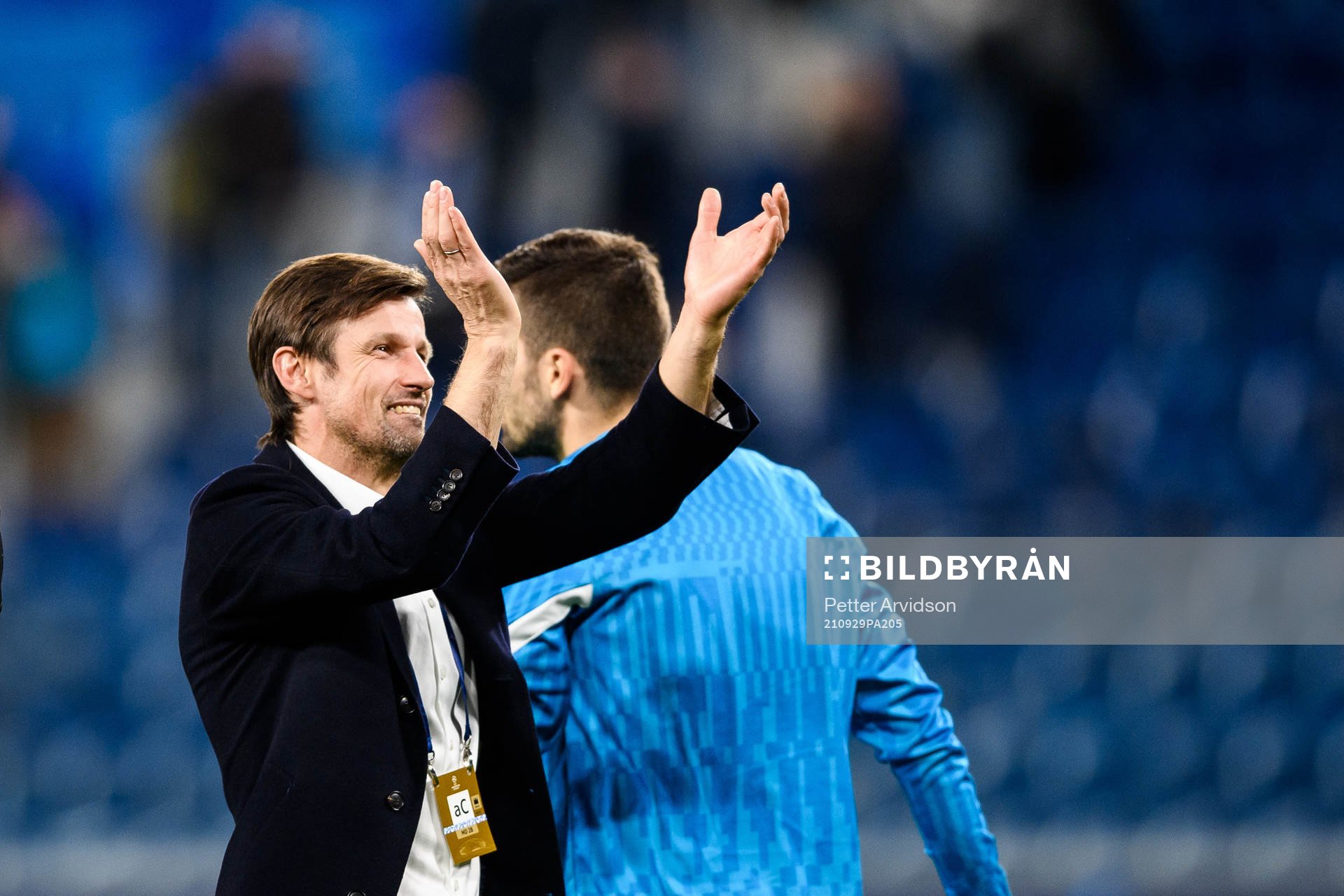 Sergei Semak, head coach of Zenit celebrates after the UEFA Champions League football match between Zenit St Petersburg and Malmö FF on September 29, 2021 in Saint Petersburg.