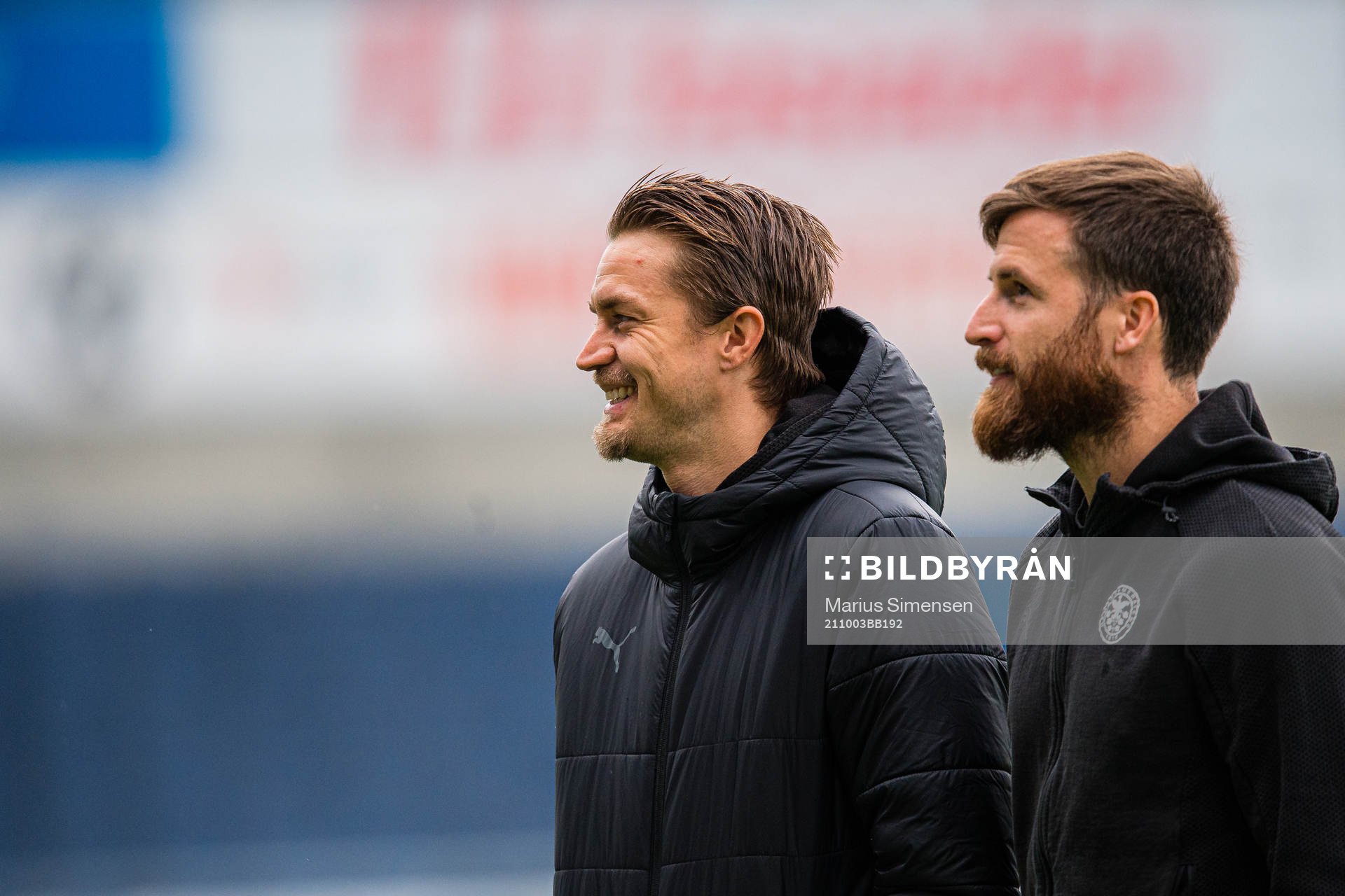Per Rasmus Lindkvist and Aleksander Melgalvis of HamKam ahead of the OBOS-ligaen match between Aalesund and HamKam on October 3, 2021 in Ålesund.