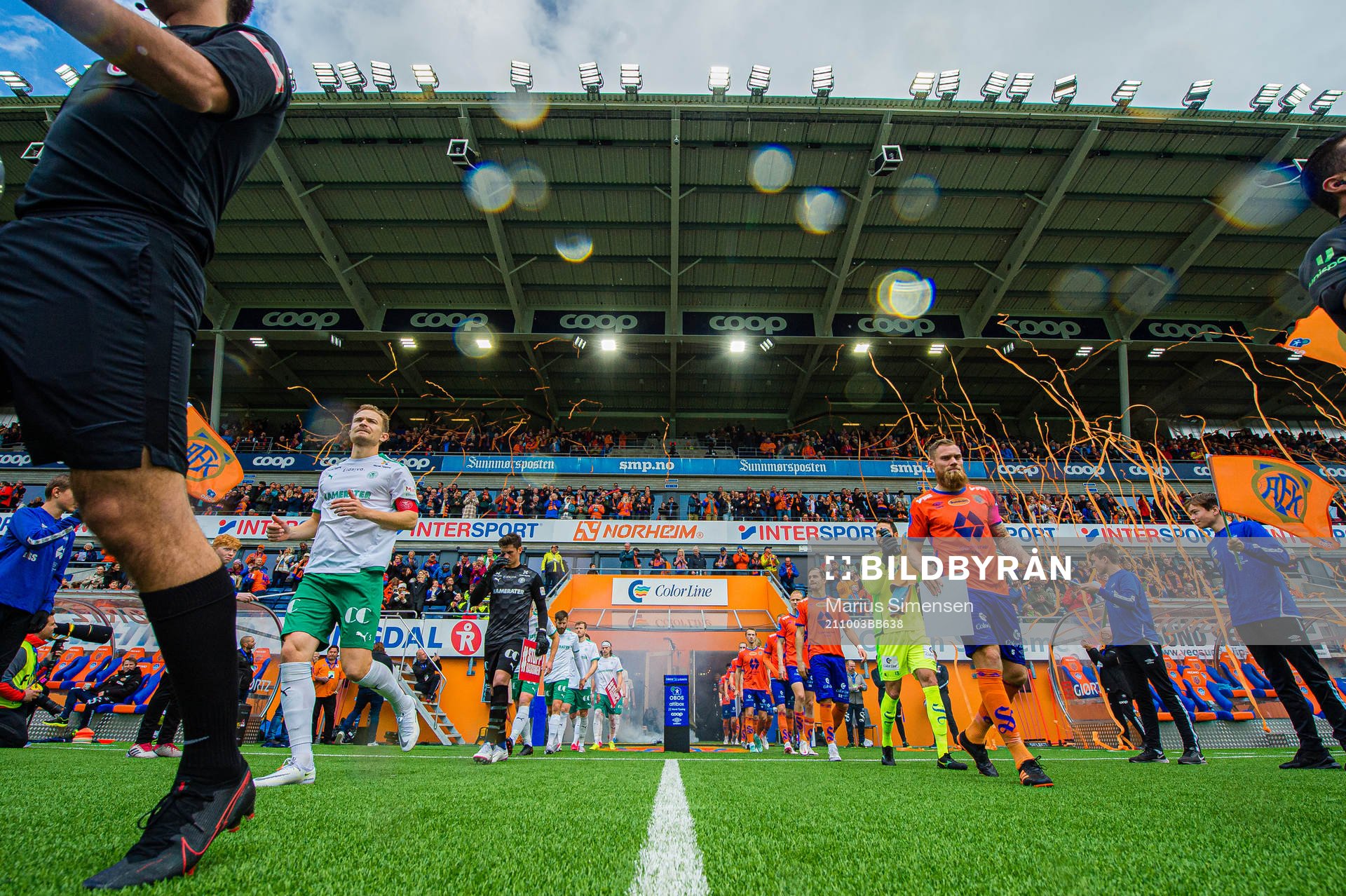 Steinar Ryen Strømnes, Nicholas George Hagen of HamKam, David Thomas Fällman, Michael Ryan Lansing and Sigurd Hauso Haugen of Aalesund ahead of the OBOS-ligaen match between Aalesund and HamKam on October 3, 2021 in Ålesund.