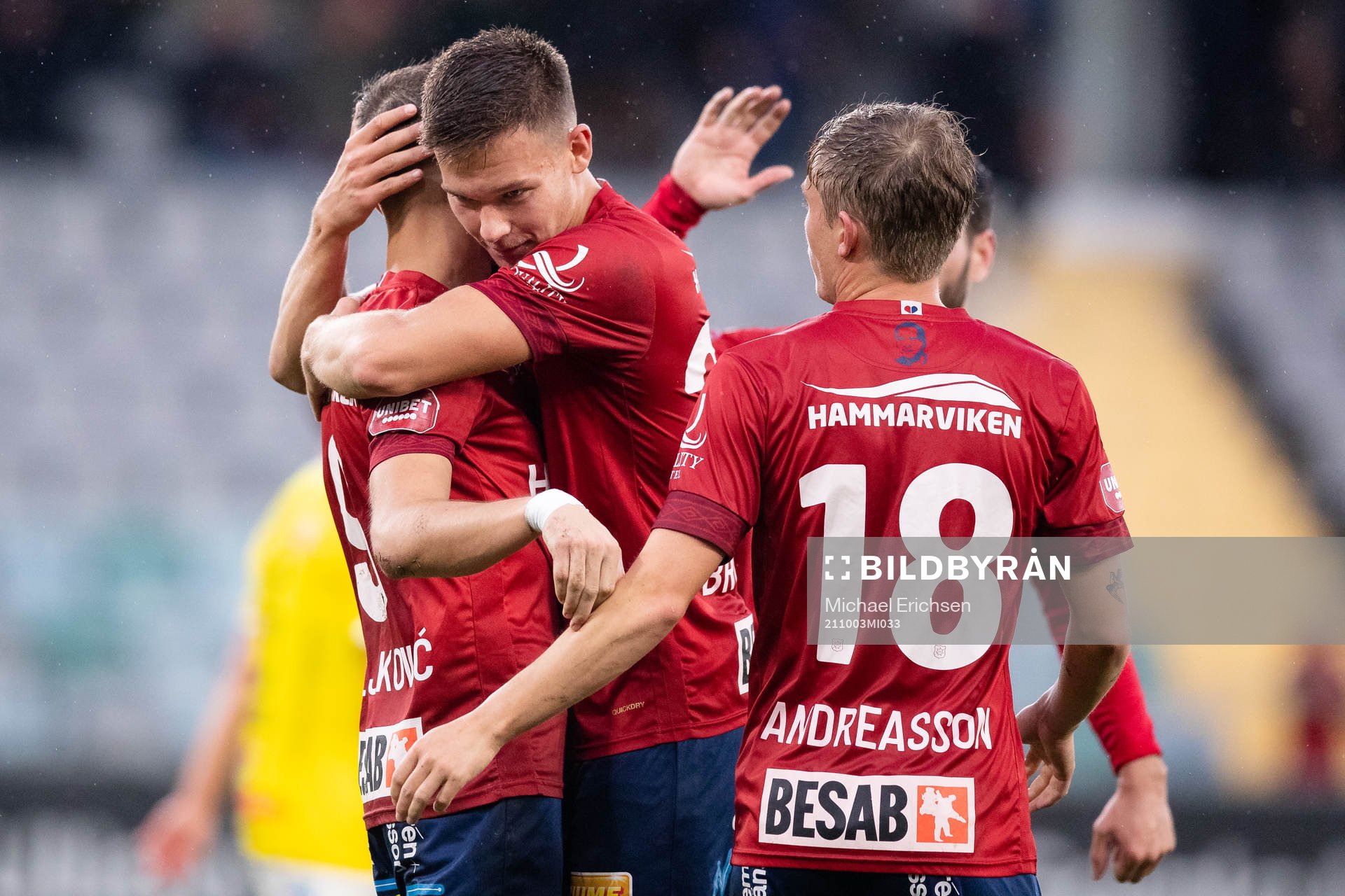 Örgrytes Ajdin Zeljkovic jublar ihop med Arvid Brorsson och Anton Andreasson efter 1-1 på straff under fotbollsmatchen i Superettan mellan Örgryte och Falkenberg den 3 oktober 2021 i Göteborg.