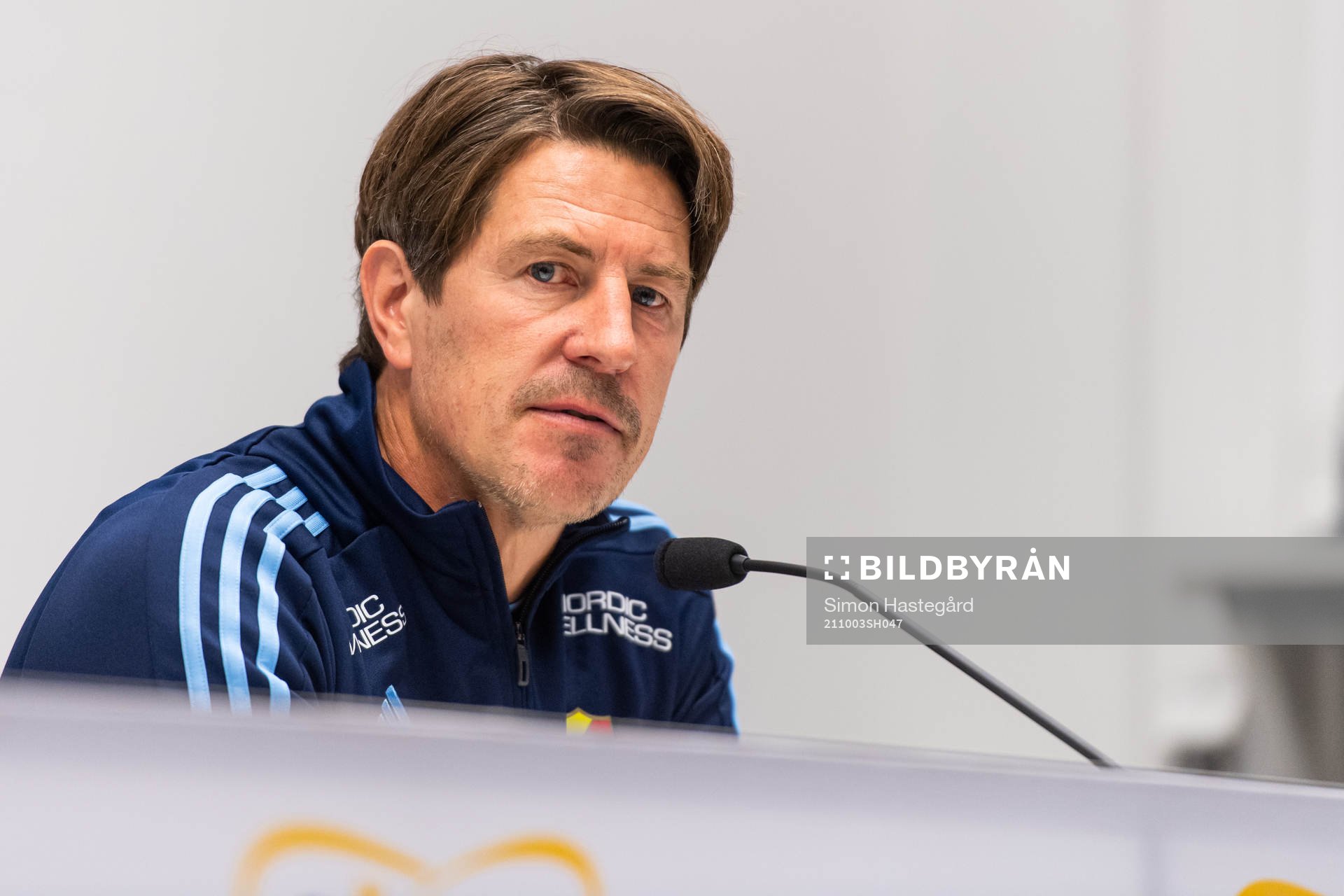 Djurgårdens tränare Thomas Lagerlöf under presskonferensen efter fotbollsmatchen i Allsvenskan mellan AIK och Djurgården den 3 oktober 2021 i Stockholm.