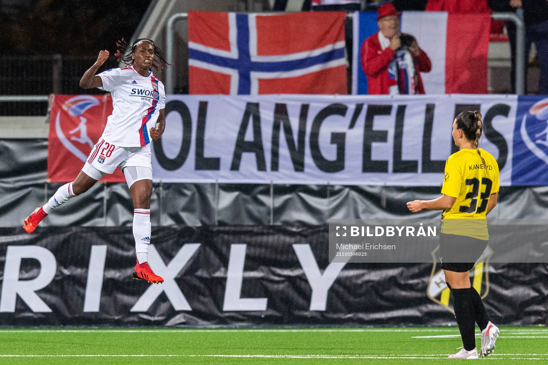 Melvine Malard of Lyon celebrates scoring 0-1