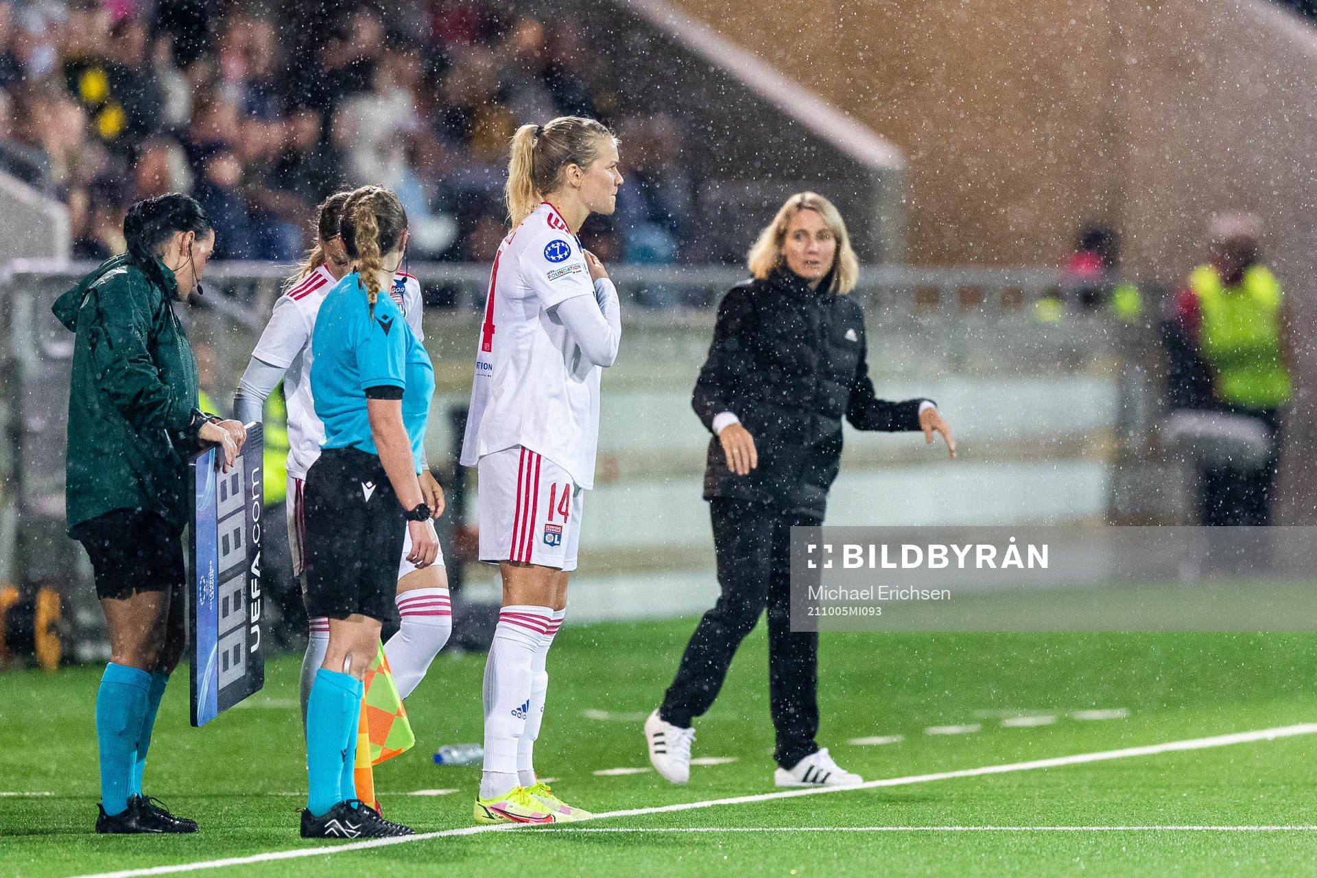 Sonia Bompastor, head coach, watches as Ada Hegerberg of