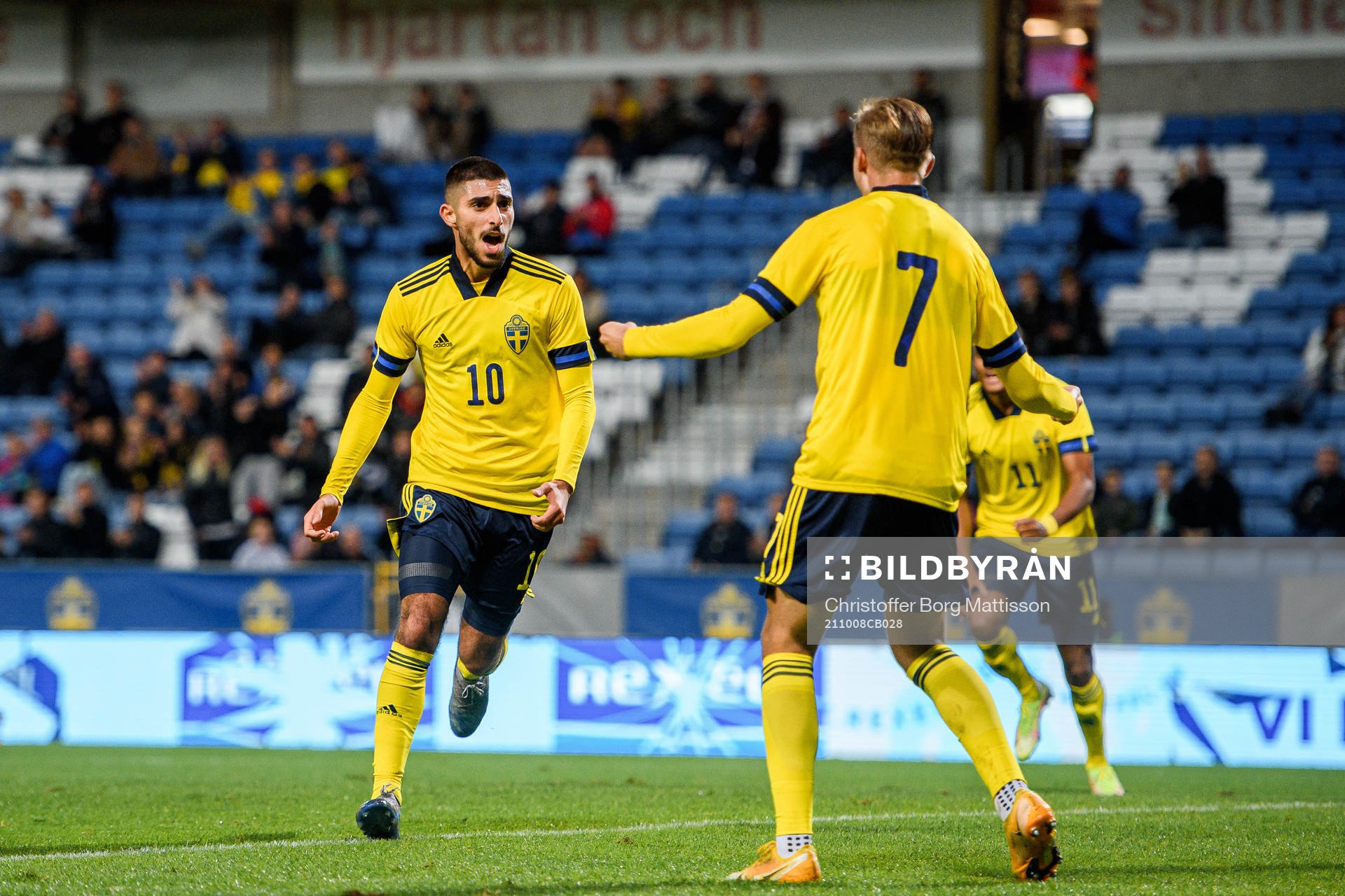 Rami Hajal and Benjamin Nygren of Sweden celebrate the 1-0 goal during the UEFA European Under-21 Qualifying football match between Sweden and Montenegro on October 8, 2021 in Helsingborg.