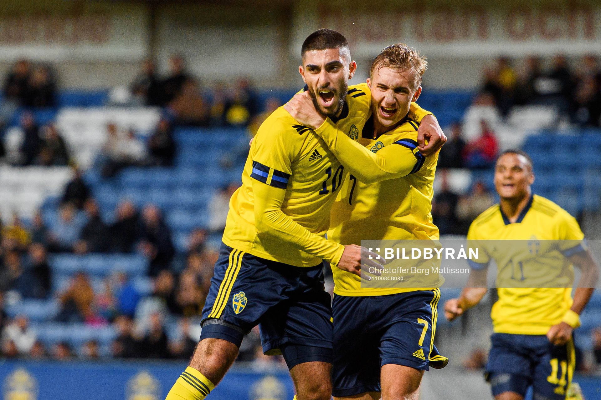 Rami Hajal and Benjamin Nygren of Sweden celebrate the 1-0