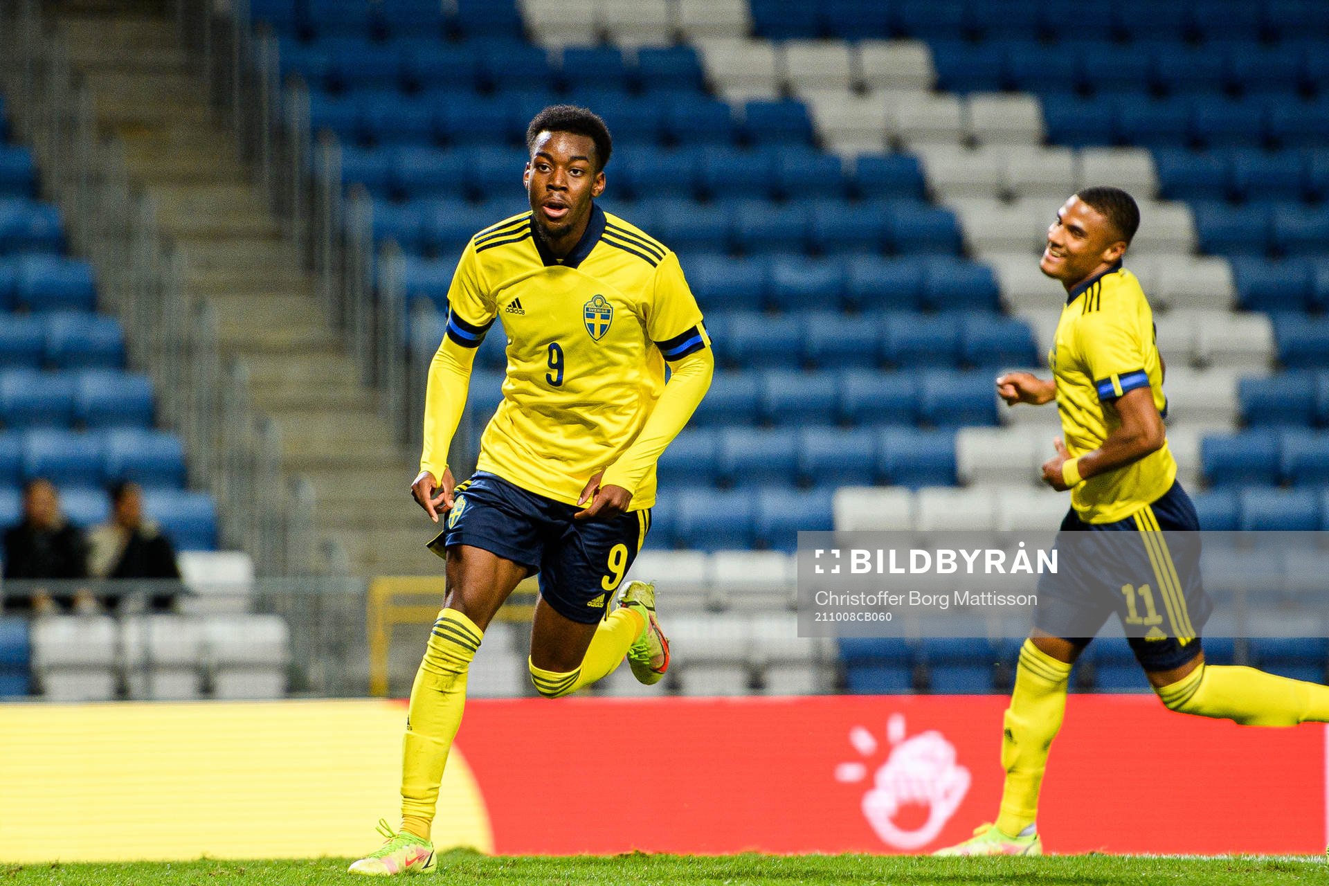 Anthony Elanga and Amin Sarr of Sweden celebrate the 3-0 goal during the UEFA European Under-21 Qualifying football match between Sweden and Montenegro on October 8, 2021 in Helsingborg.