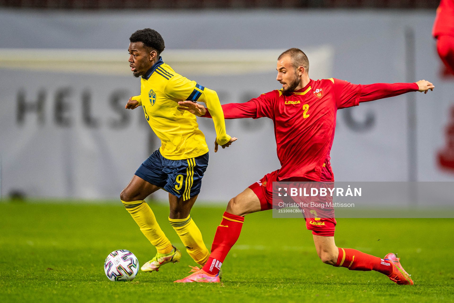 Anthony Elanga of Sweden and Ognjen Obradovic of Montenegro
