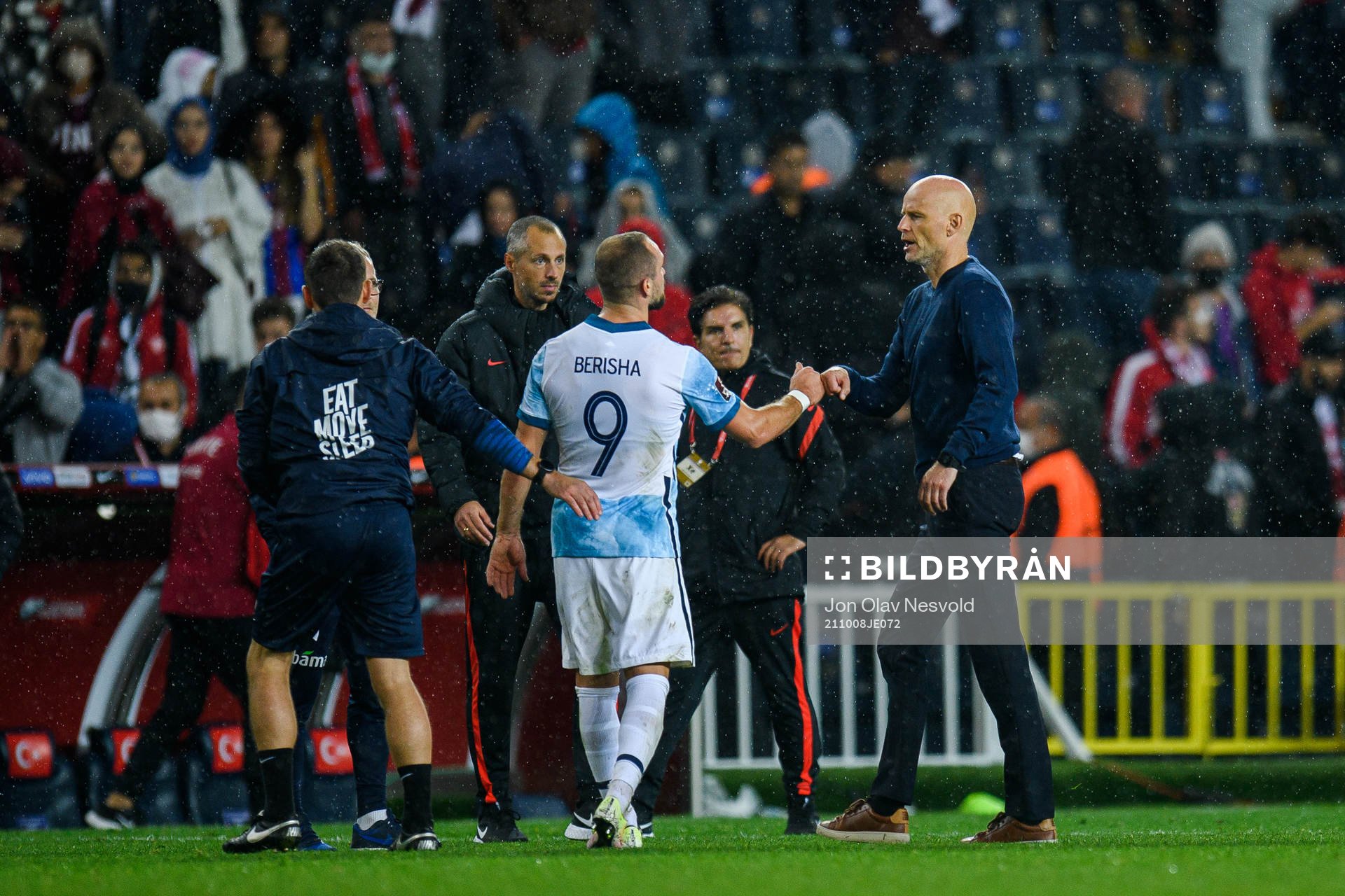 Veton Berisha and Ståle Solbakken, head coach of Norway after the FIFA World Cup Qualifier football match between Turkey and Norway on October 8, 2021 in Istanbul.