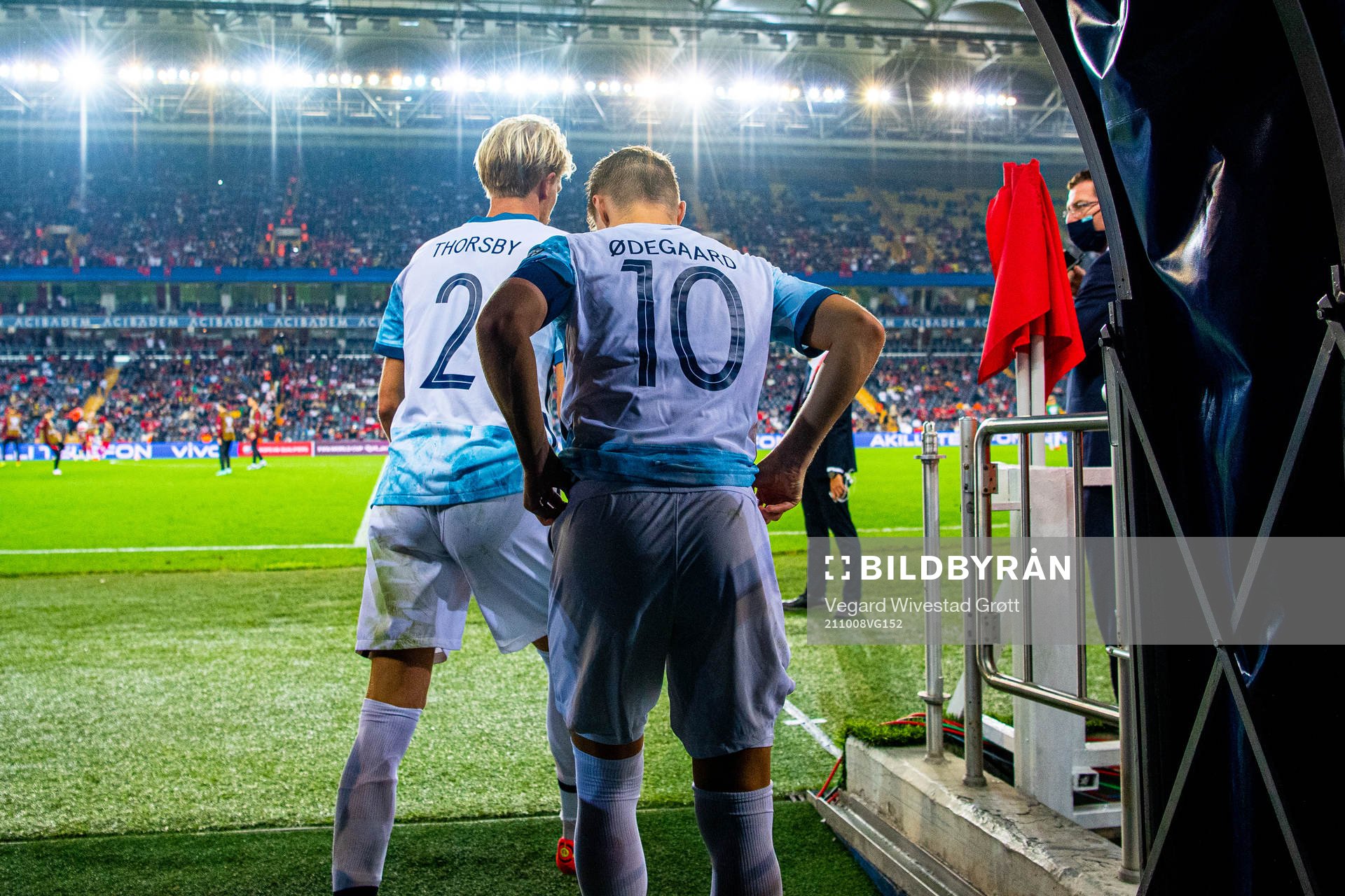 Morten Thorsby and Martin Ødegaard of Norway at half-time