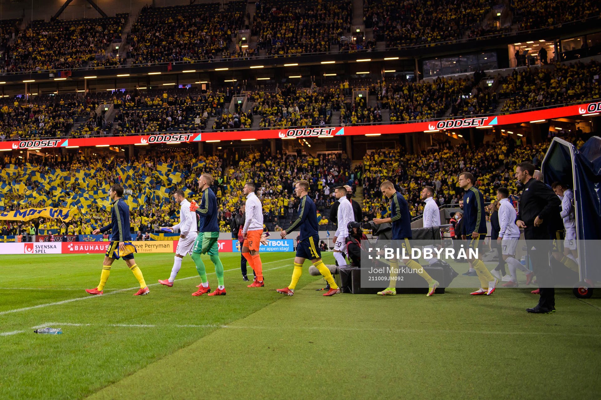 Players of Sweden and Kosovo enter the field for the FIFA