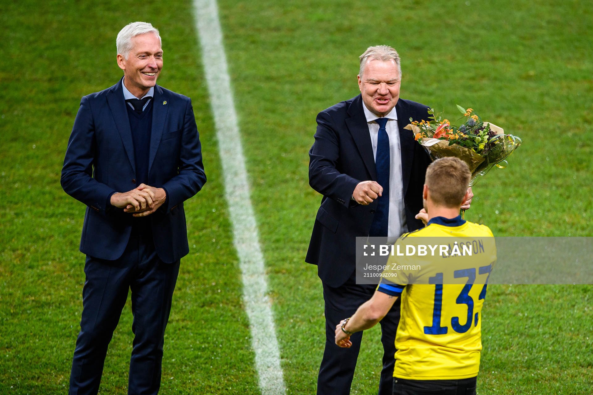 Håkan Sjöstrand, General Secretary and Karl-Erik Nilsson president of the Swedish Soccer Federation together with former player Sebastian Larsson ahead of the FIFA World Cup Qualifier football match between Sweden and Kosovo on October 9, 2021 in Stockholm.