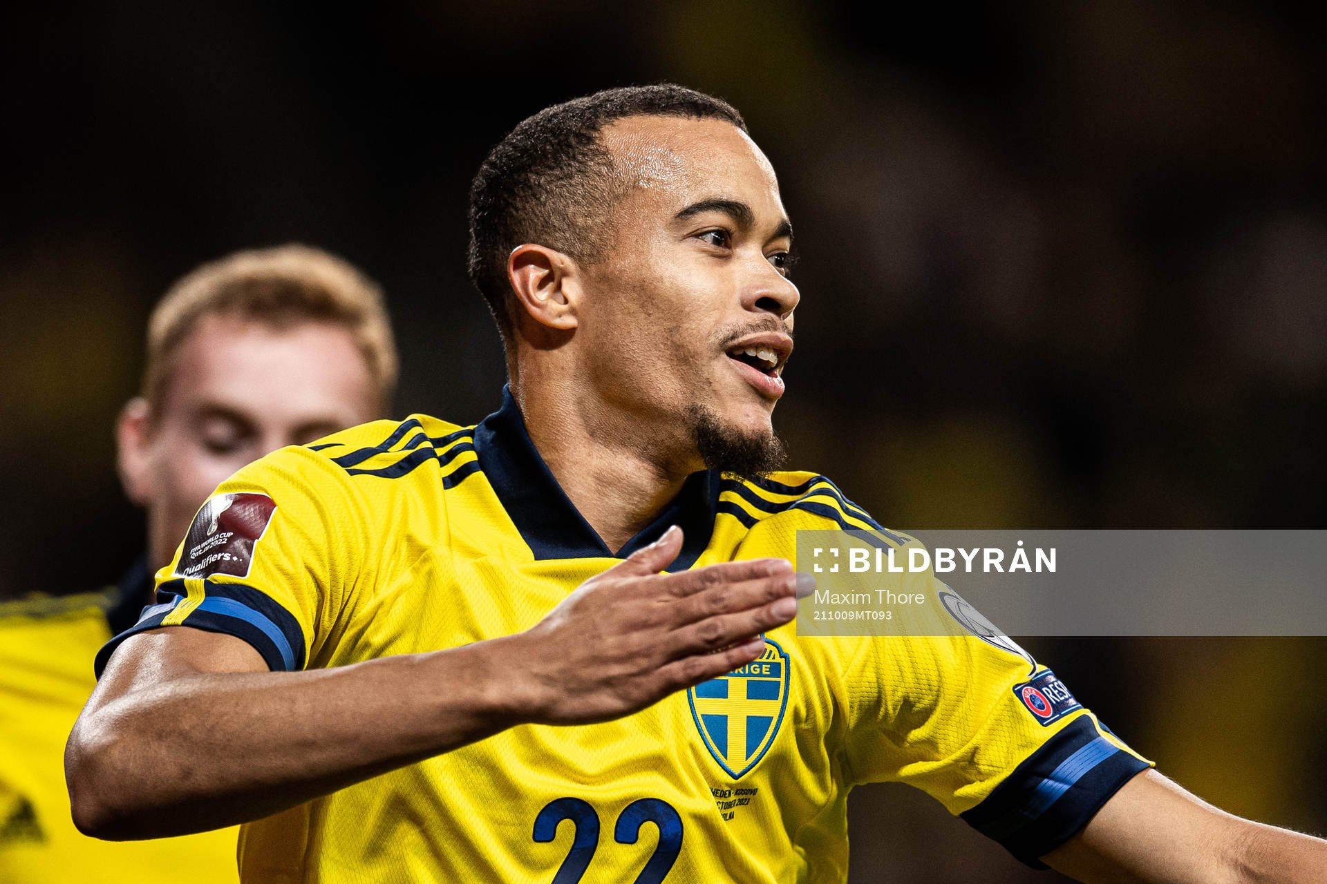 Robin Quaison of Sweden celebrates his 3-0 goal during the FIFA World Cup Qualifier football match between Sweden and Kosovo on October 9, 2021 in Stockholm.