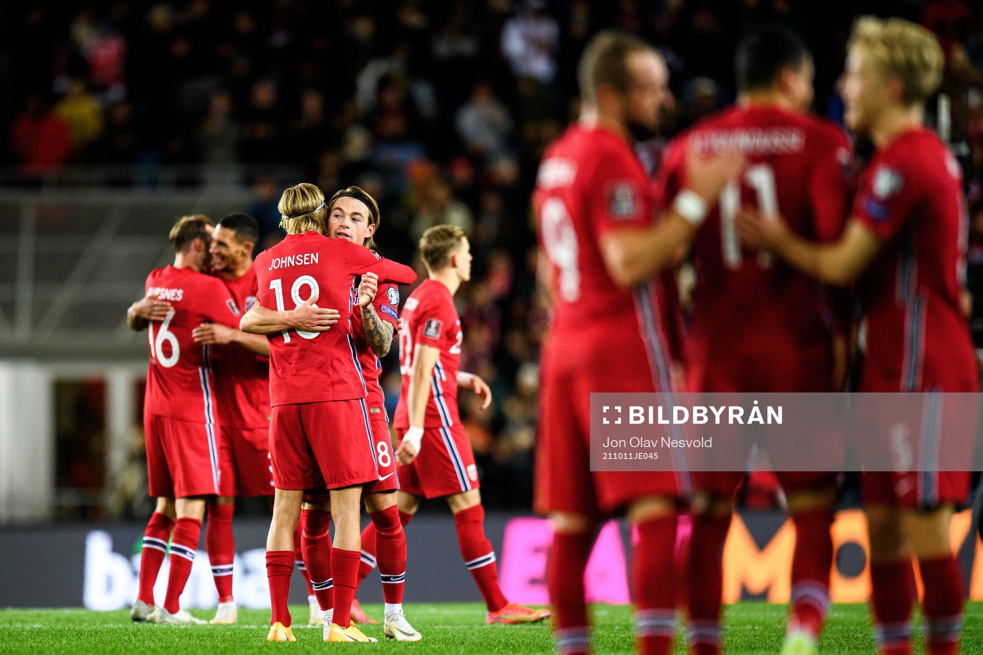 Dennis Johnsen and Patrick Berg of Norway celebrate after the FIFA World Cup Qualifier football match between Norway and Montenegro on October 11, 2021 in Oslo.