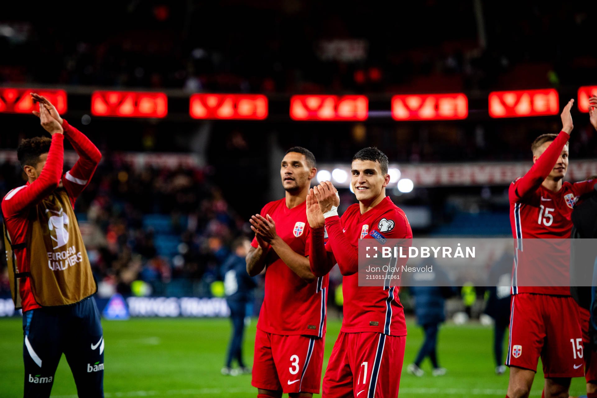 Ruben Gabrielsen and Mohamed Elyounoussi of Norway celebrate after the FIFA World Cup Qualifier football match between Norway and Montenegro on October 11, 2021 in Oslo.