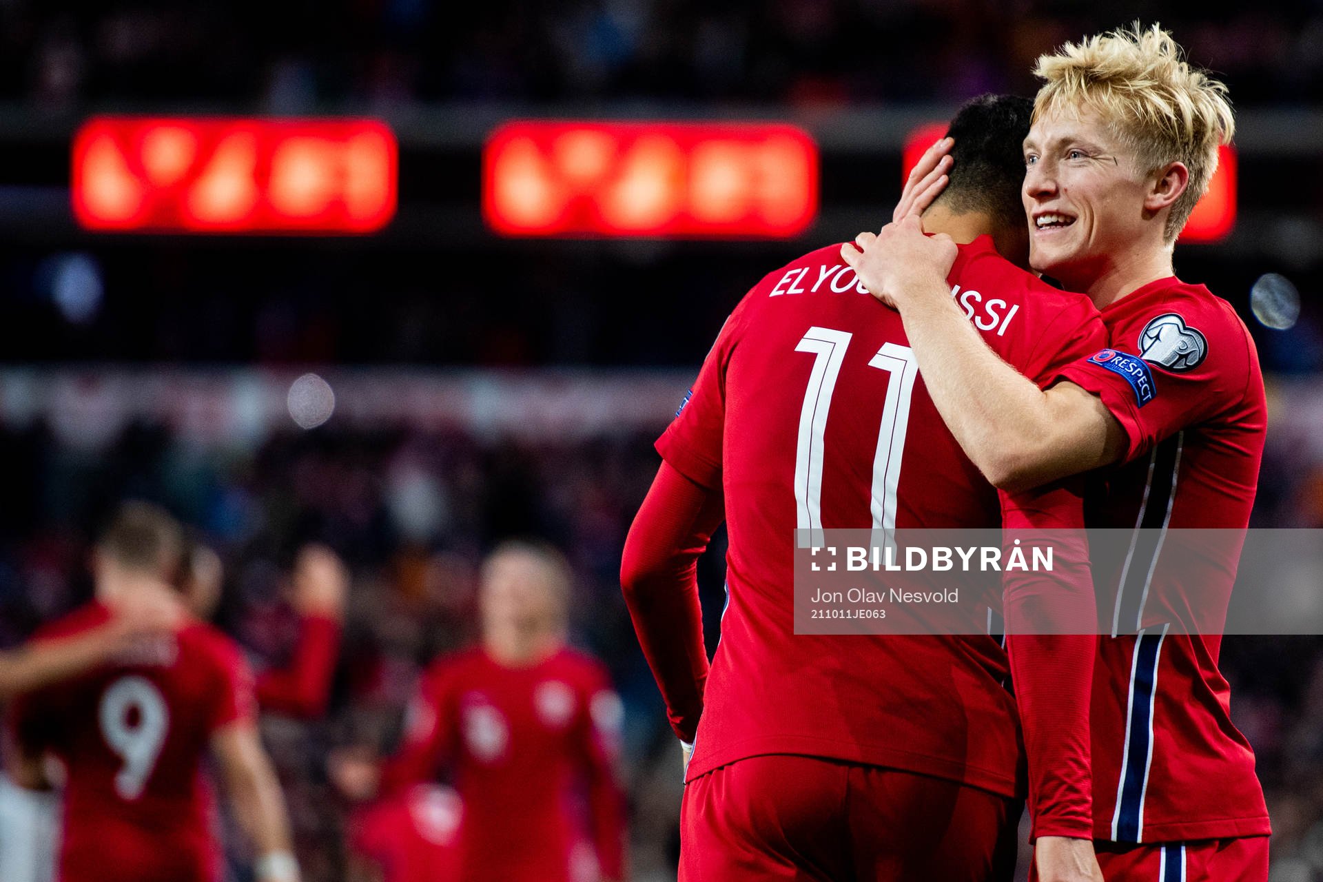 Mohamed Elyounoussi and Birger Meling of Norway celebrate