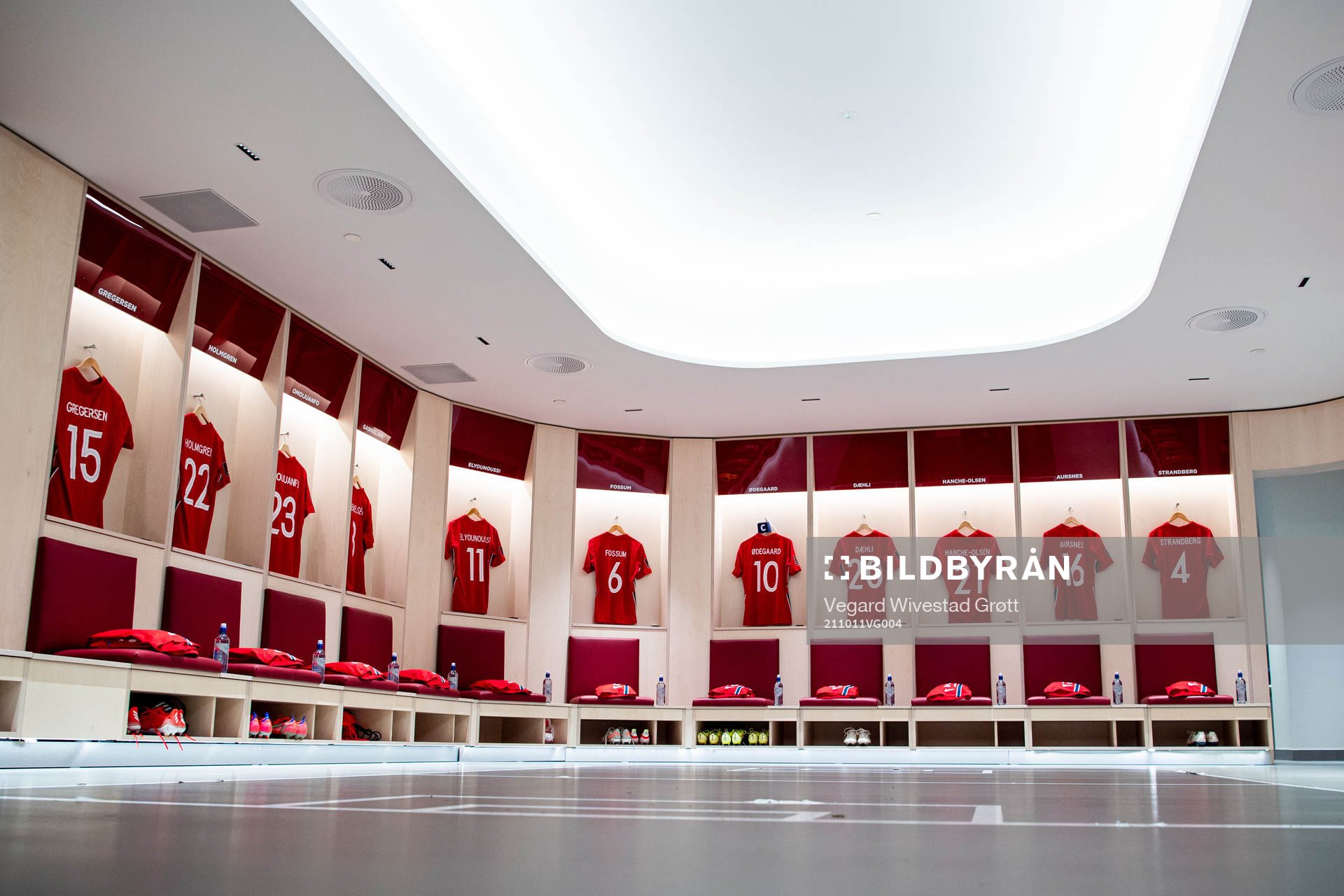 The kits of Stian Gregersen, Marcus Holmgren Pedersen, Mohamed Elyounoussi, Iver Fossum, Martin Ødegaard, Mats Møller Dæhli, Andreas Hanche-Olsen, Fredrik Aursnes and Stefan Strandberg of Norway in the dressing room ahead of the FIFA World Cup Qualifier football match between Norway and Montenegro on October 11, 2021 in Oslo.